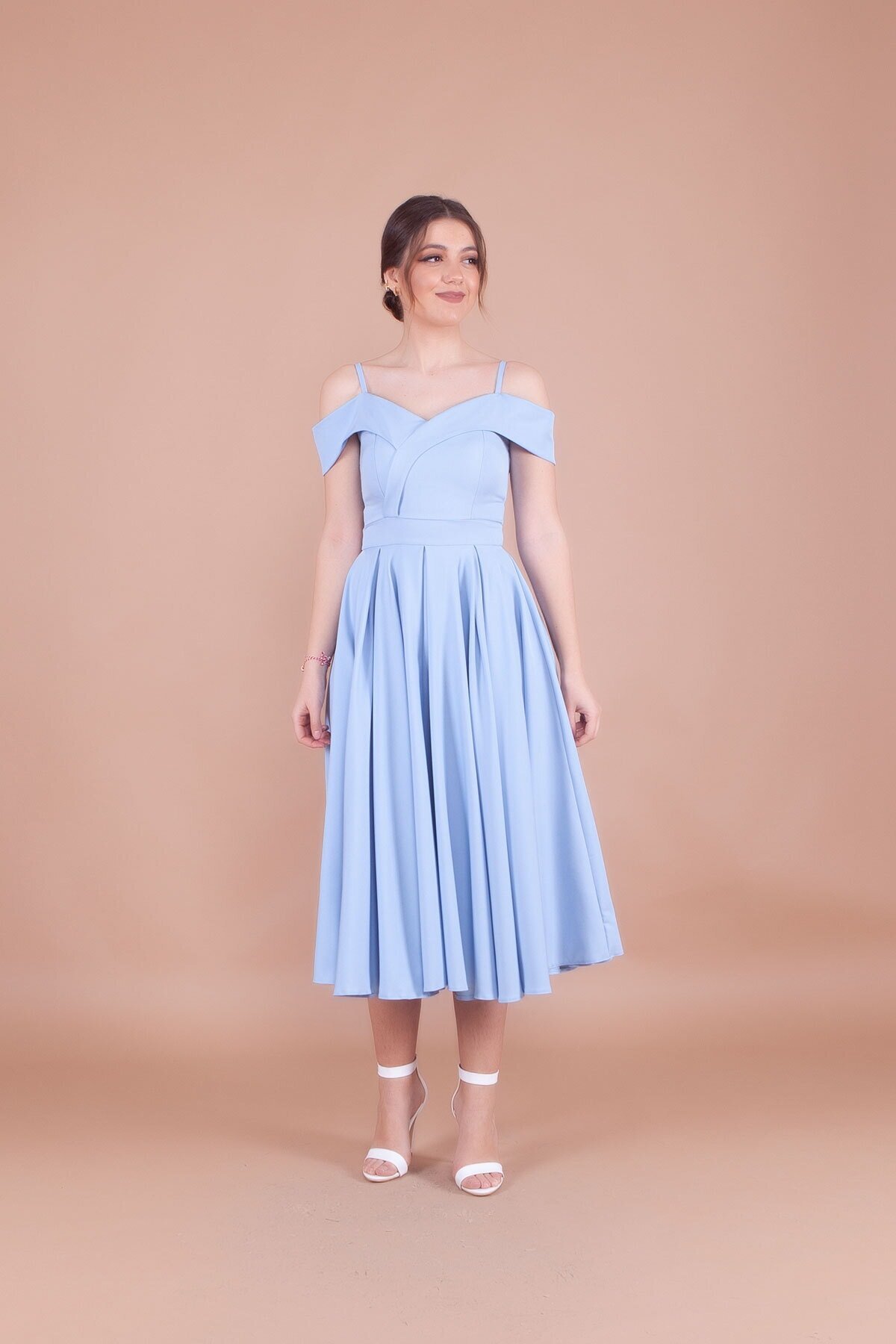 Midi Pleated Strappy Off-Shoulder Evening Dress - Baby Blue - Bidoluelbise