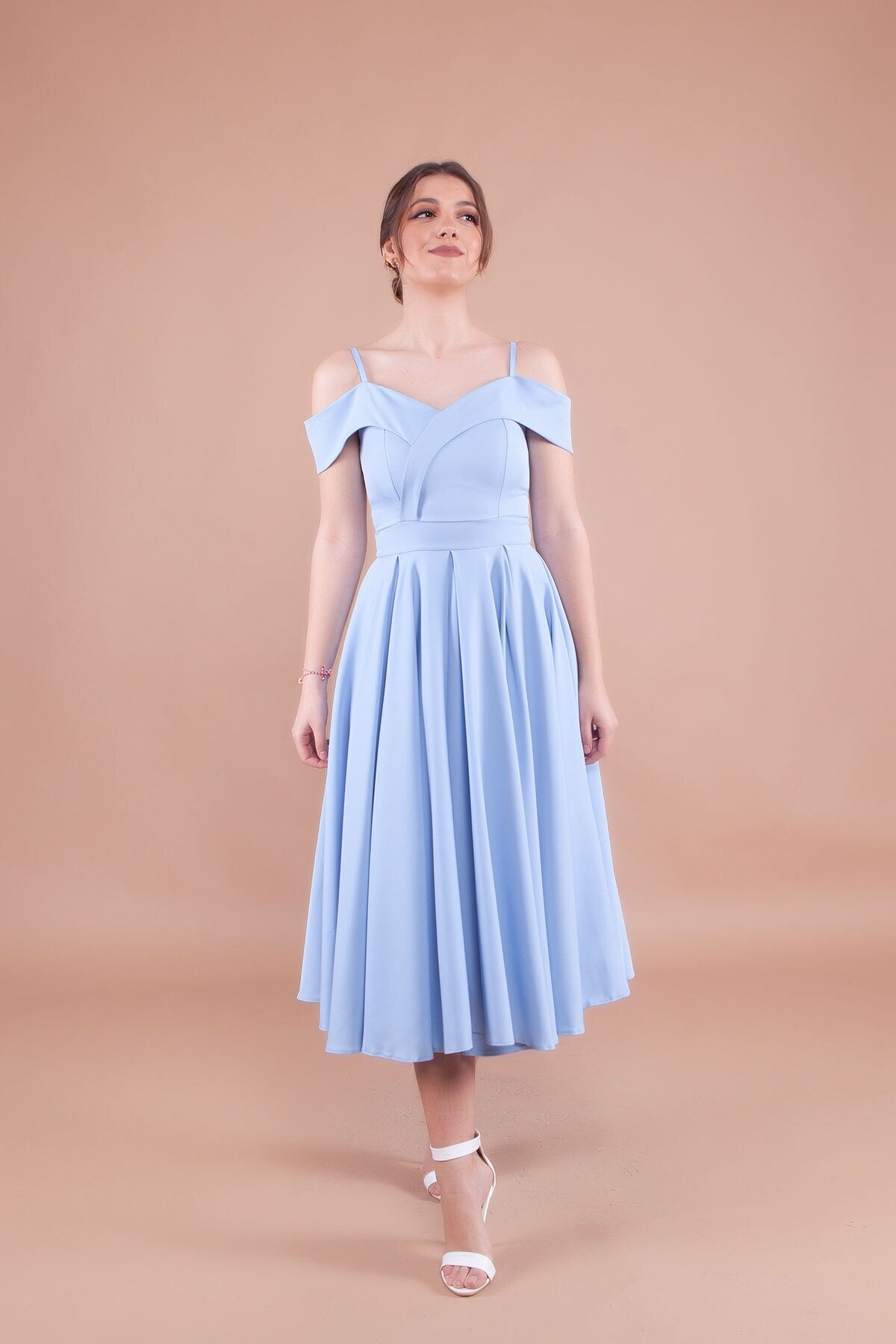 Midi Pleated Strappy Off-Shoulder Evening Dress - Baby Blue - Bidoluelbise