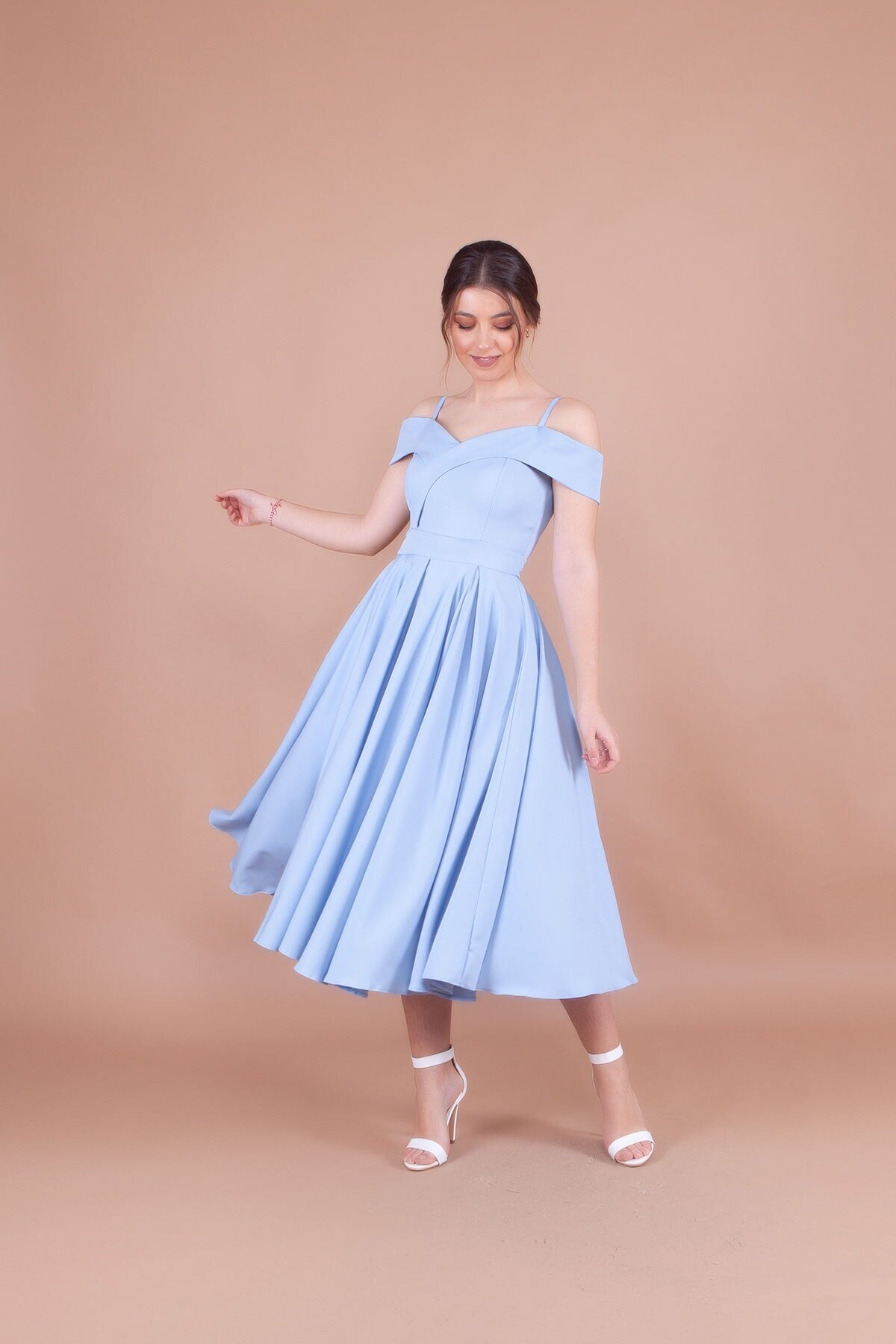 Midi Pleated Strappy Off-Shoulder Evening Dress - Baby Blue - Bidoluelbise