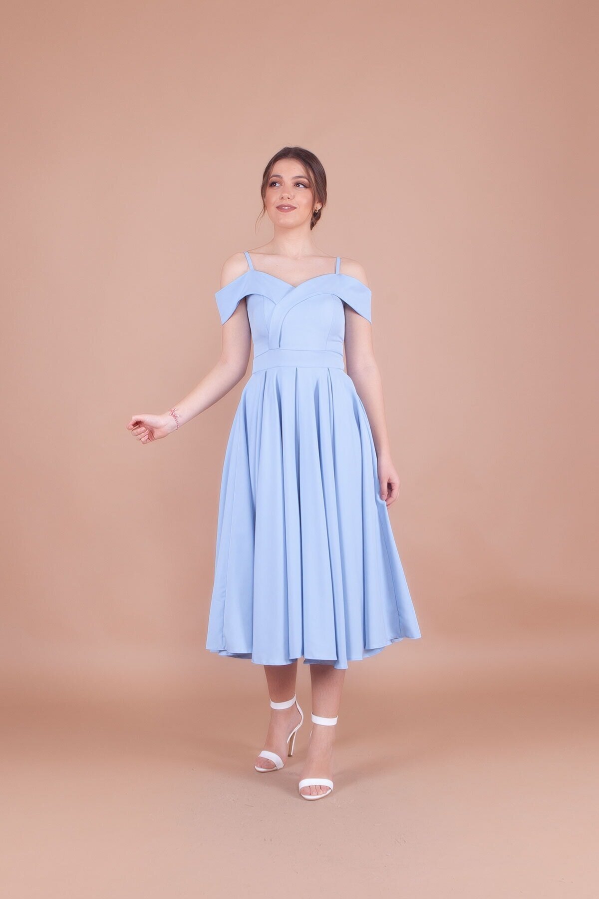 Midi Pleated Strappy Off-Shoulder Evening Dress - Baby Blue - Bidoluelbise