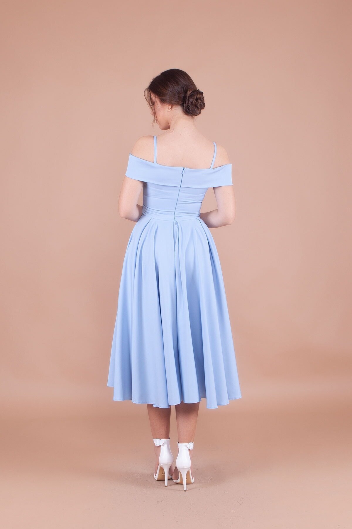 Midi Pleated Strappy Off-Shoulder Evening Dress - Baby Blue - Bidoluelbise