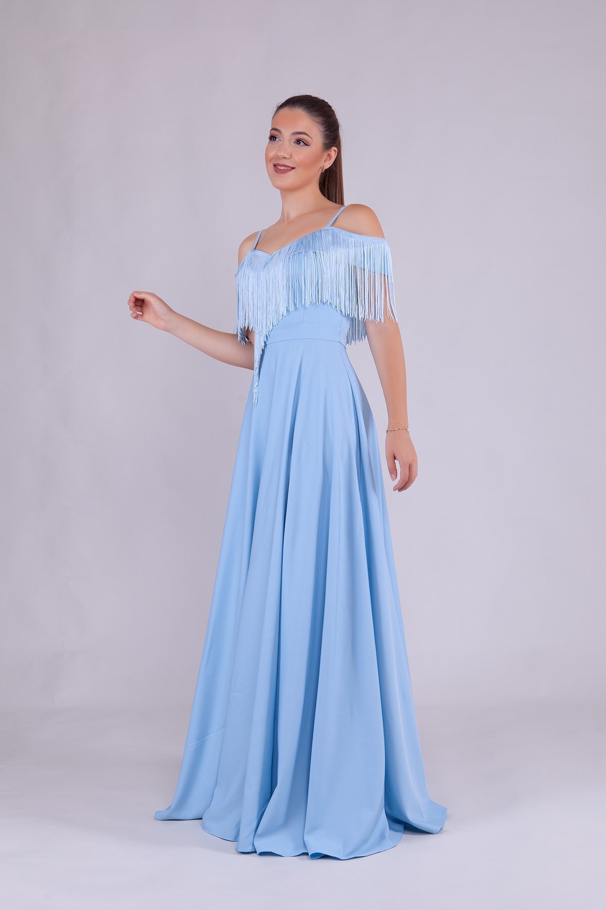 Long Strappy Boat-Neck Tassel-Detail Evening Dress - Baby Blue - Bidoluelbise