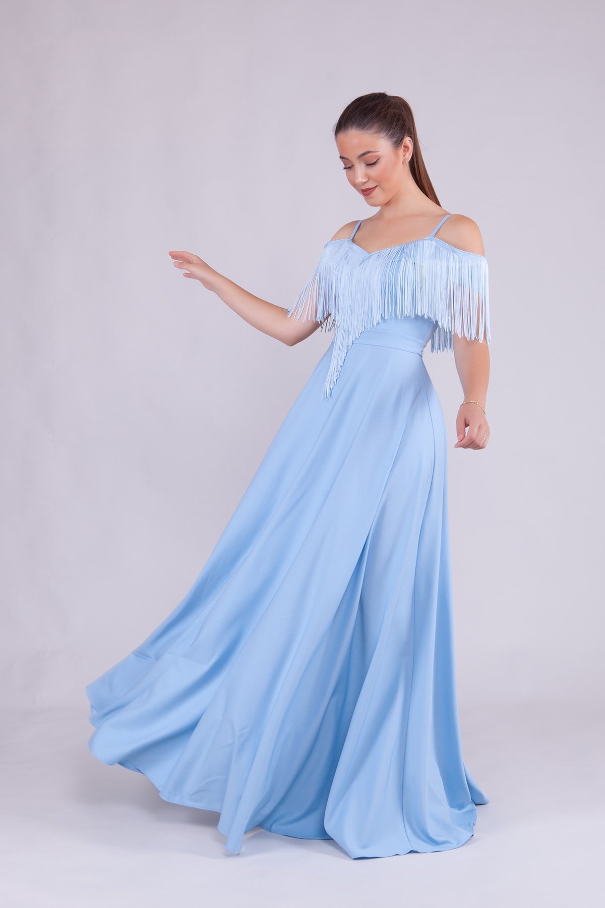 Long Strappy Boat-Neck Tassel-Detail Evening Dress - Baby Blue - Bidoluelbise