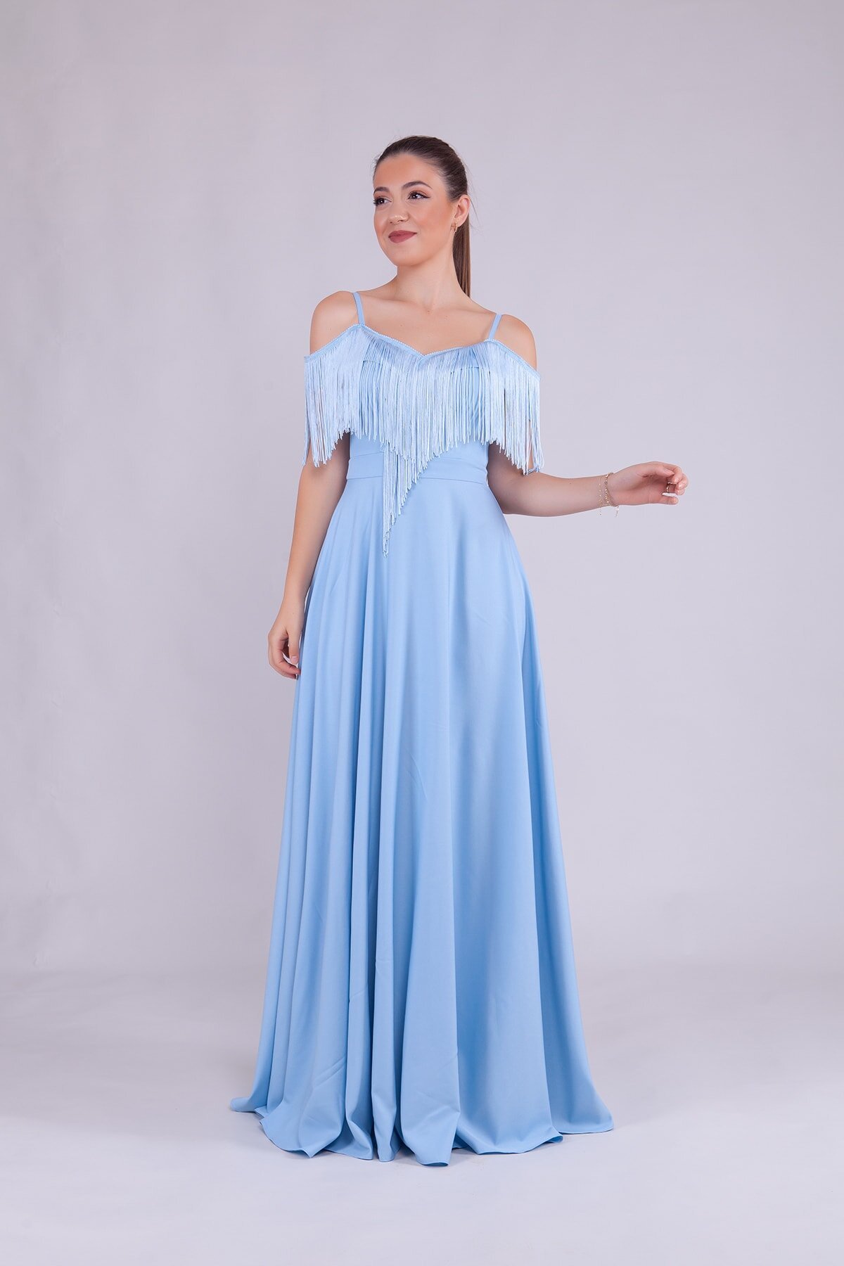 Long Strappy Boat-Neck Tassel-Detail Evening Dress - Baby Blue - Bidoluelbise
