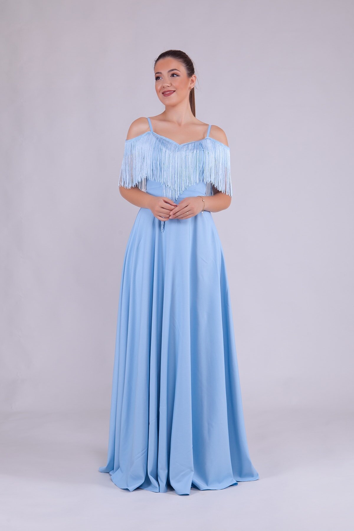 Long Strappy Boat-Neck Tassel-Detail Evening Dress - Baby Blue - Bidoluelbise