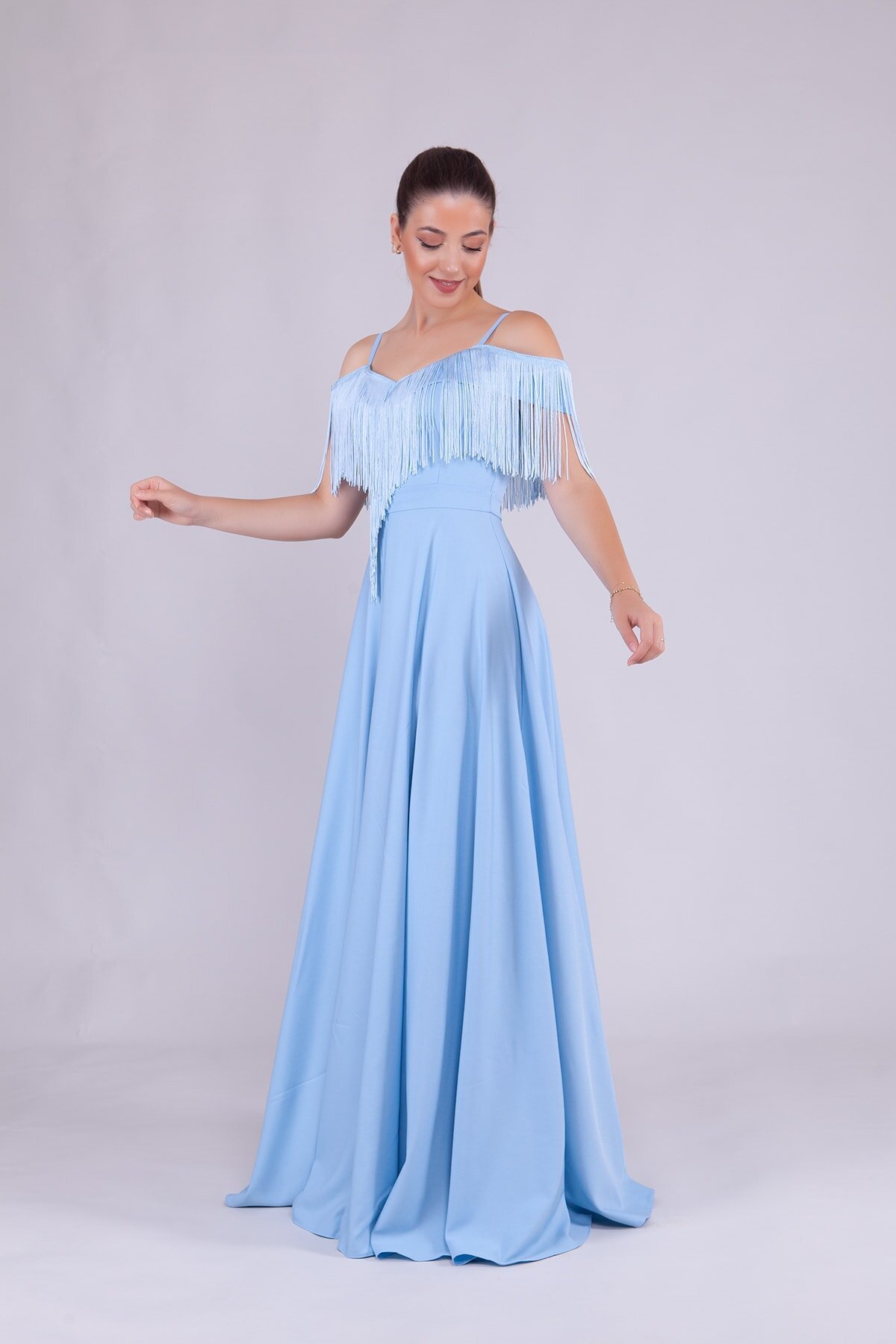 Long Strappy Boat-Neck Tassel-Detail Evening Dress - Baby Blue - Bidoluelbise