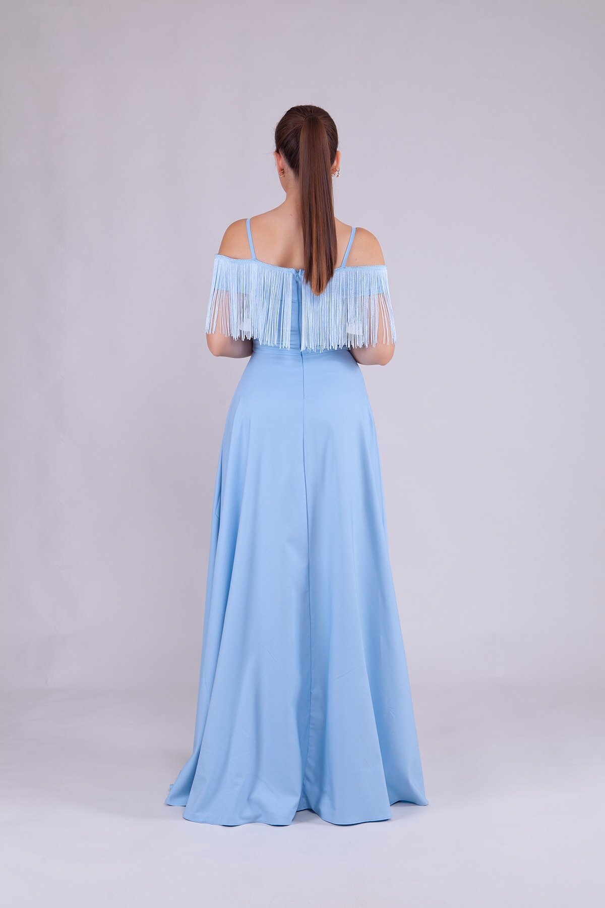 Long Strappy Boat-Neck Tassel-Detail Evening Dress - Baby Blue - Bidoluelbise
