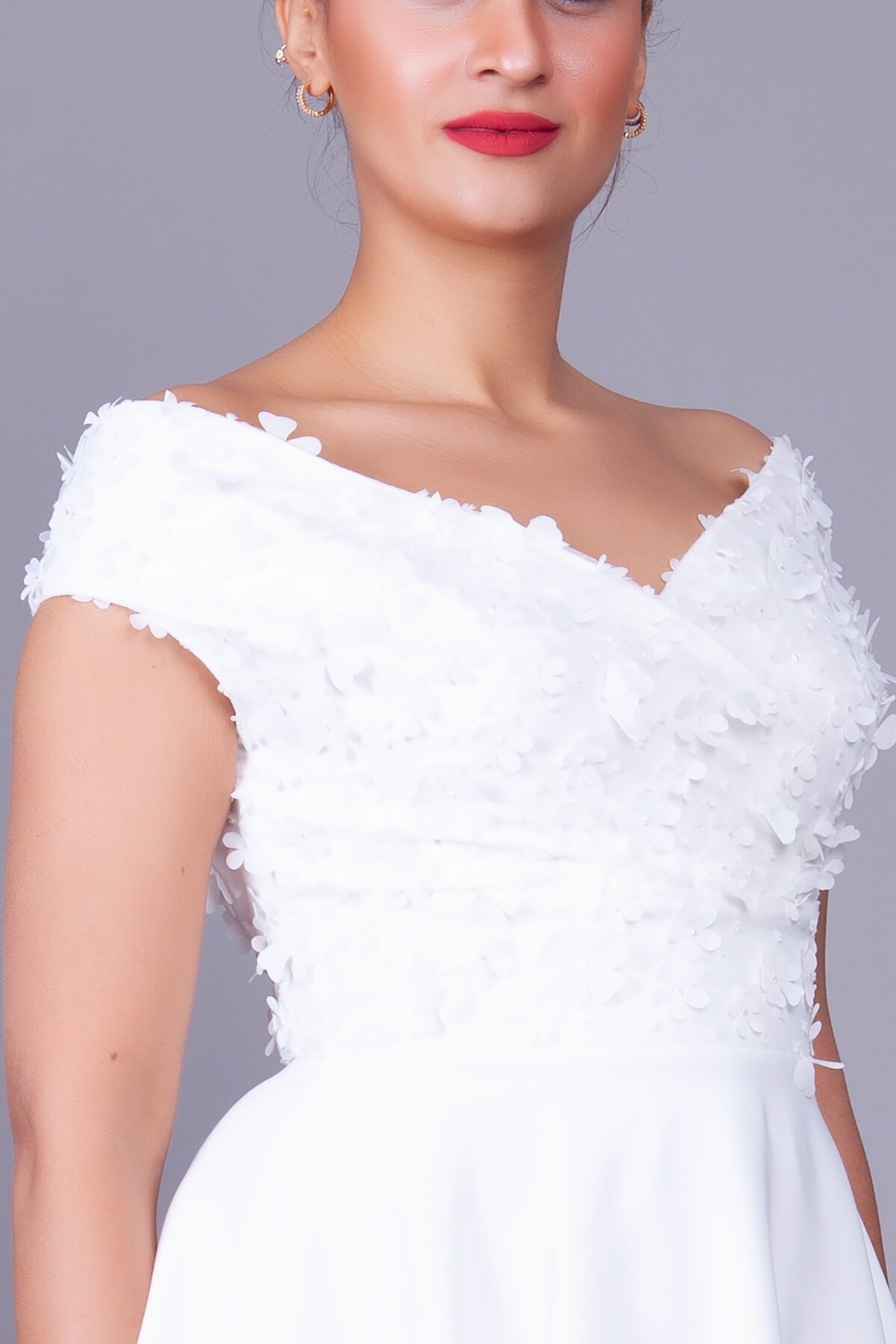 Midi Floral Boat-Neck Tulle-Detail Evening Dress - White - Bidoluelbise