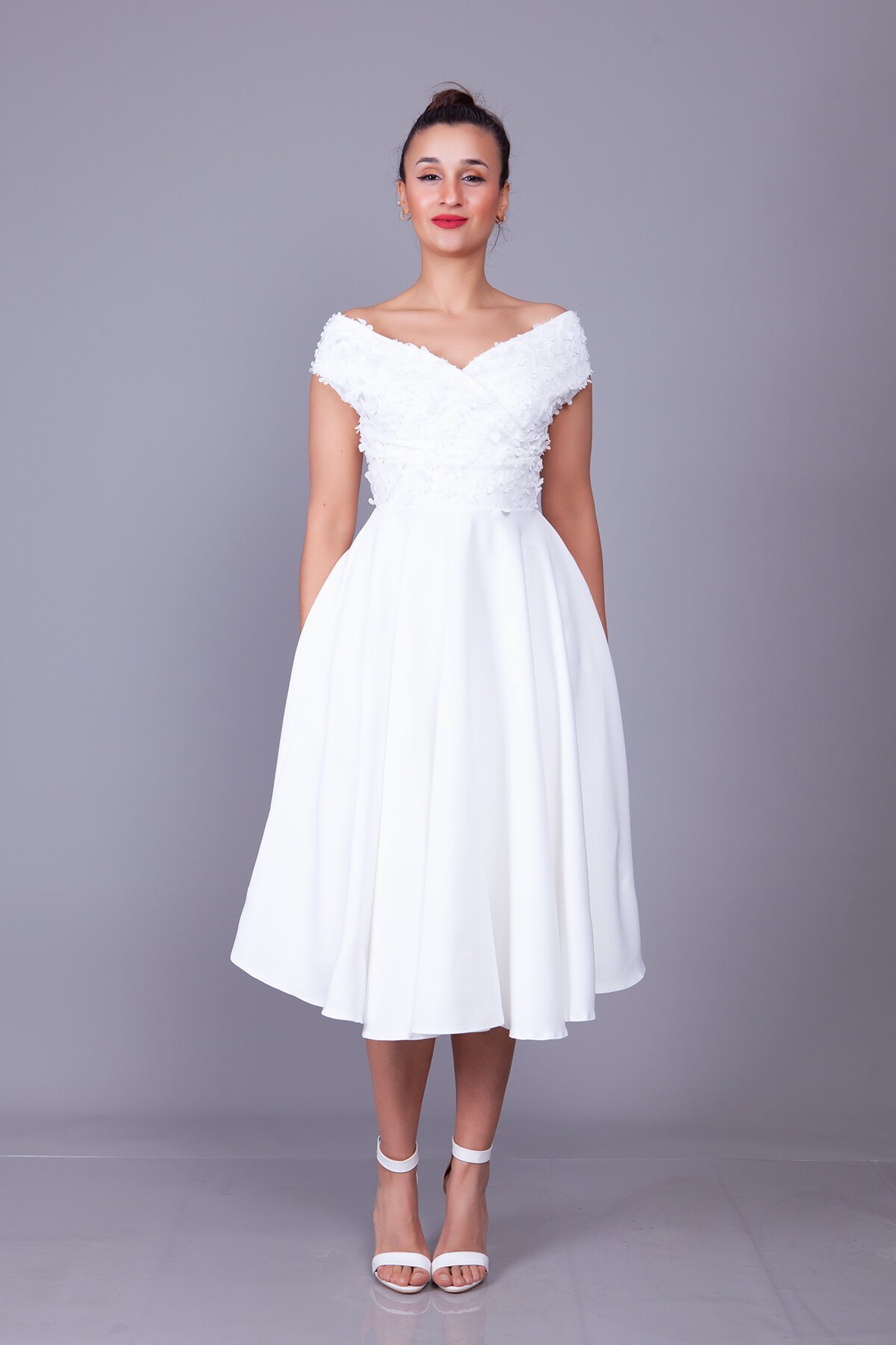 Midi Floral Boat-Neck Tulle-Detail Evening Dress - White - Bidoluelbise