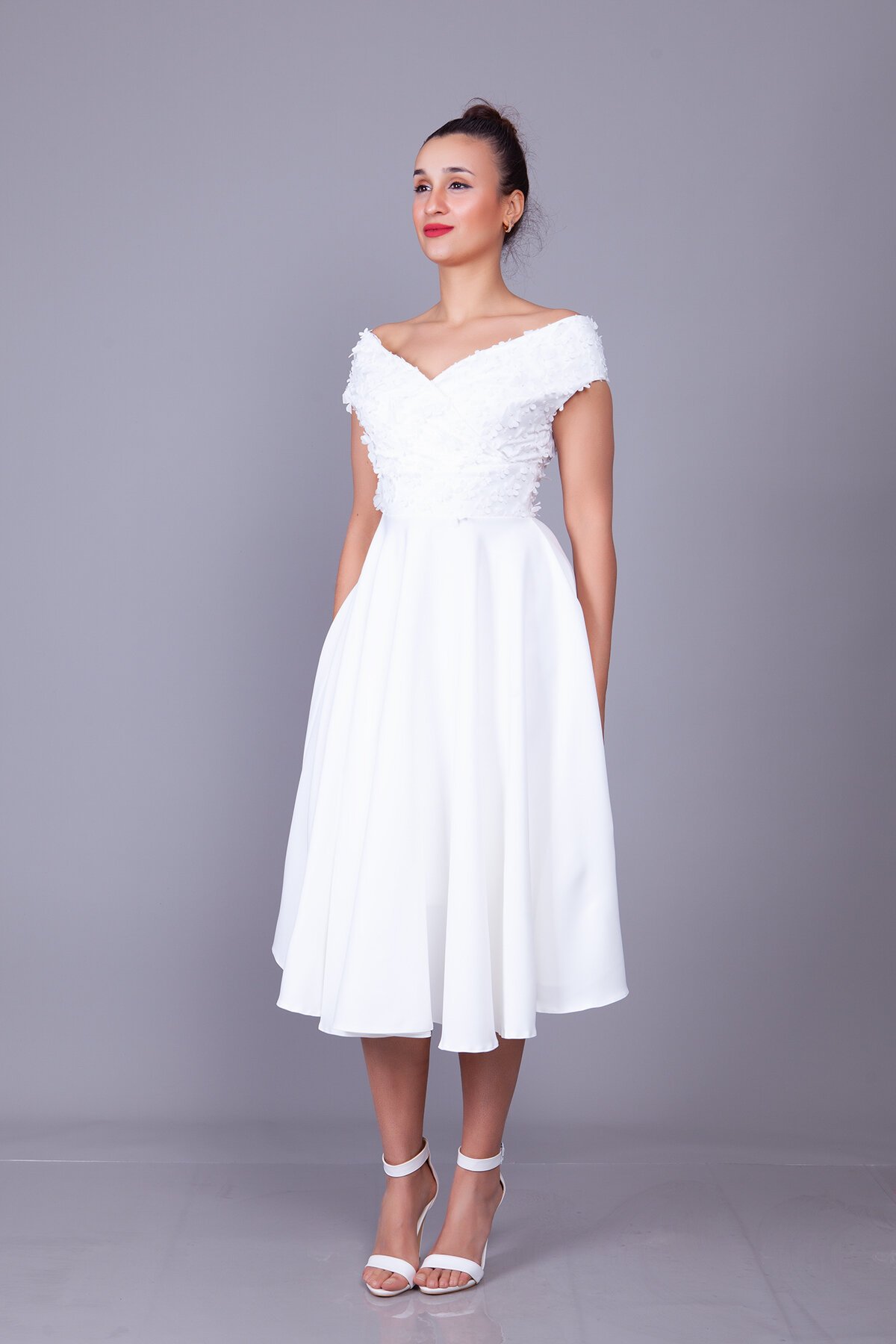 Midi Floral Boat-Neck Tulle-Detail Evening Dress - White - Bidoluelbise