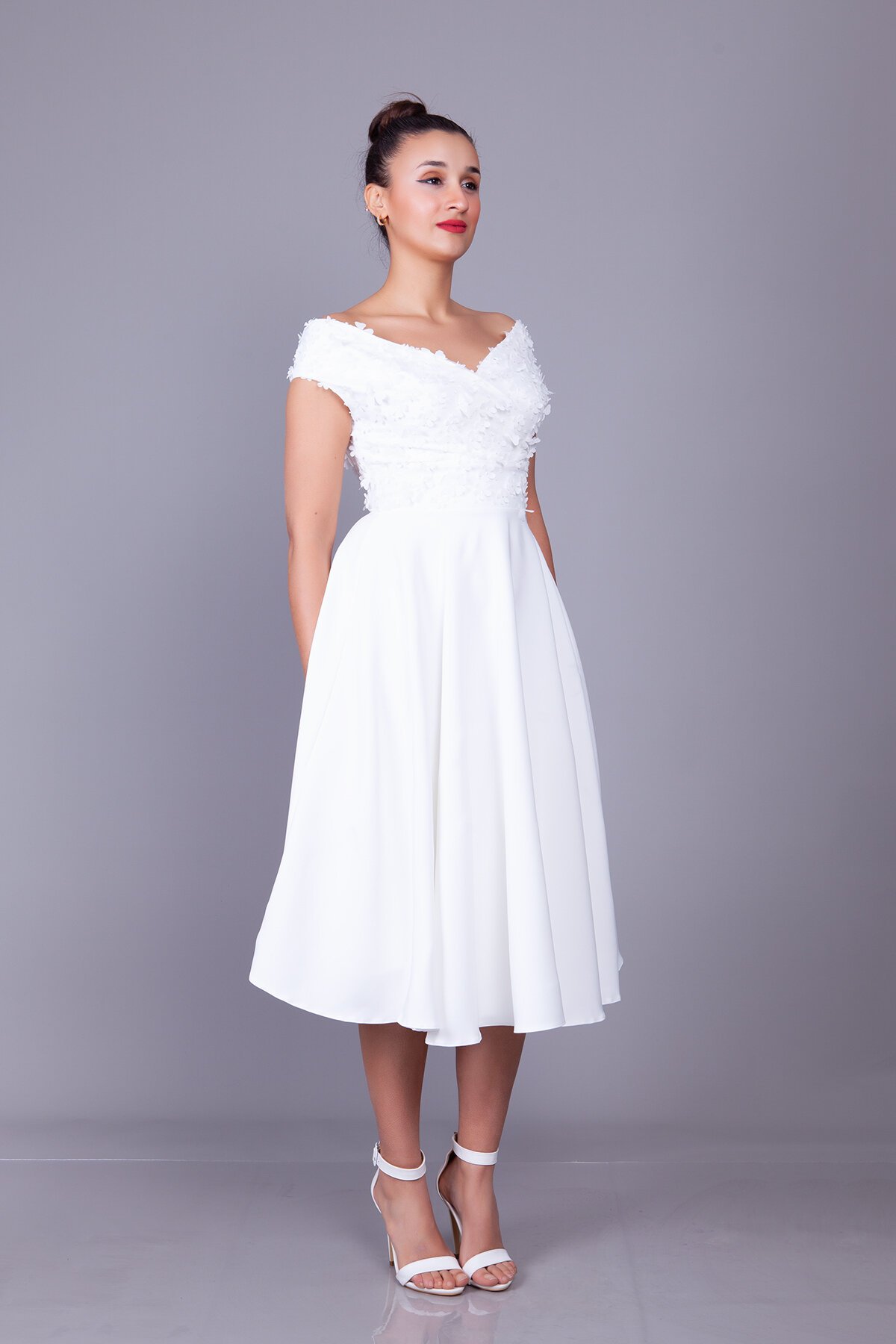 Midi Floral Boat-Neck Tulle-Detail Evening Dress - White - Bidoluelbise
