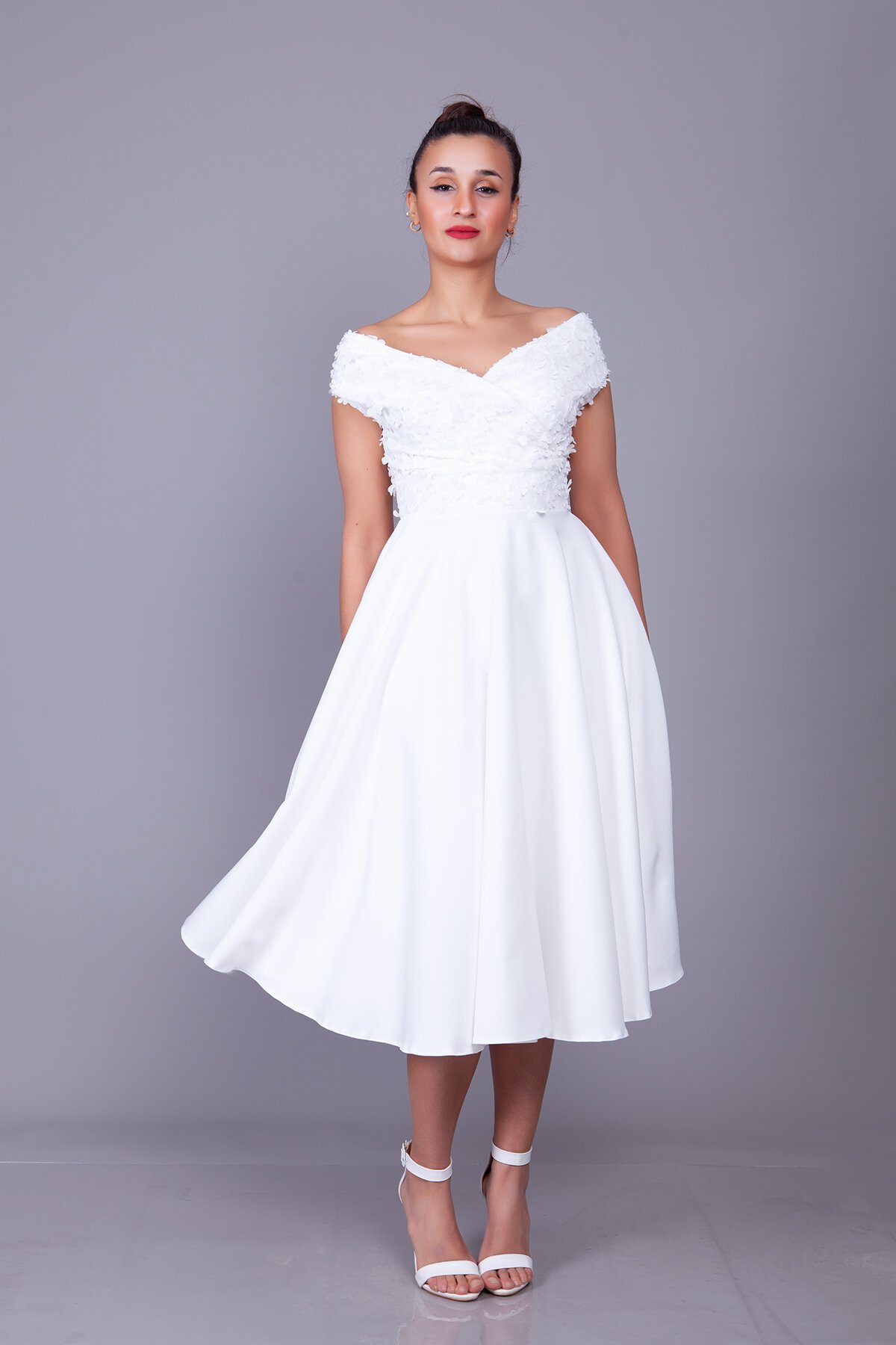 Midi Floral Boat-Neck Tulle-Detail Evening Dress - White - Bidoluelbise