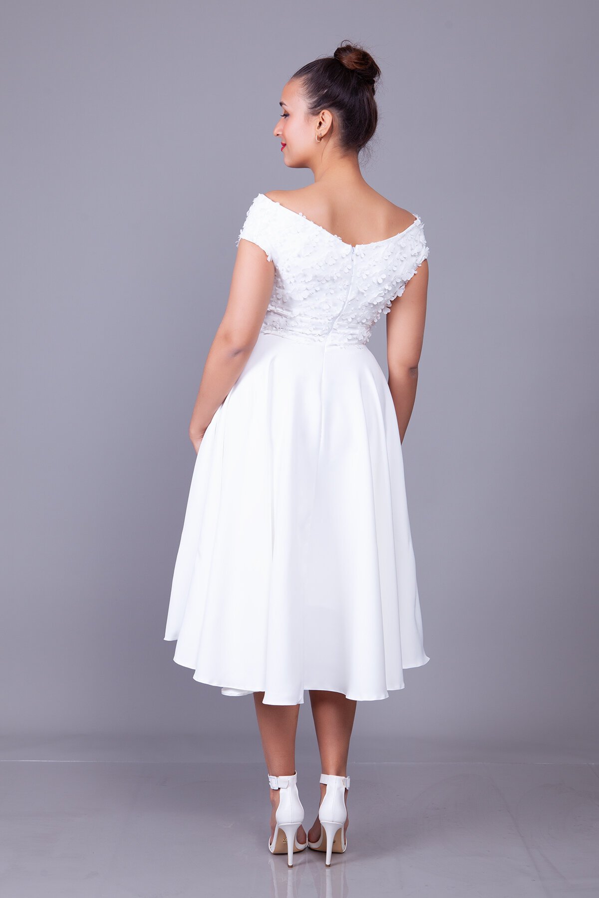 Midi Floral Boat-Neck Tulle-Detail Evening Dress - White - Bidoluelbise