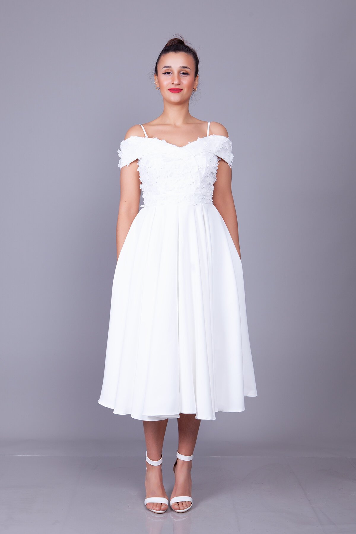 Midi Flared Strappy Floral Tulle Detail Evening Dress - White - Bidoluelbise