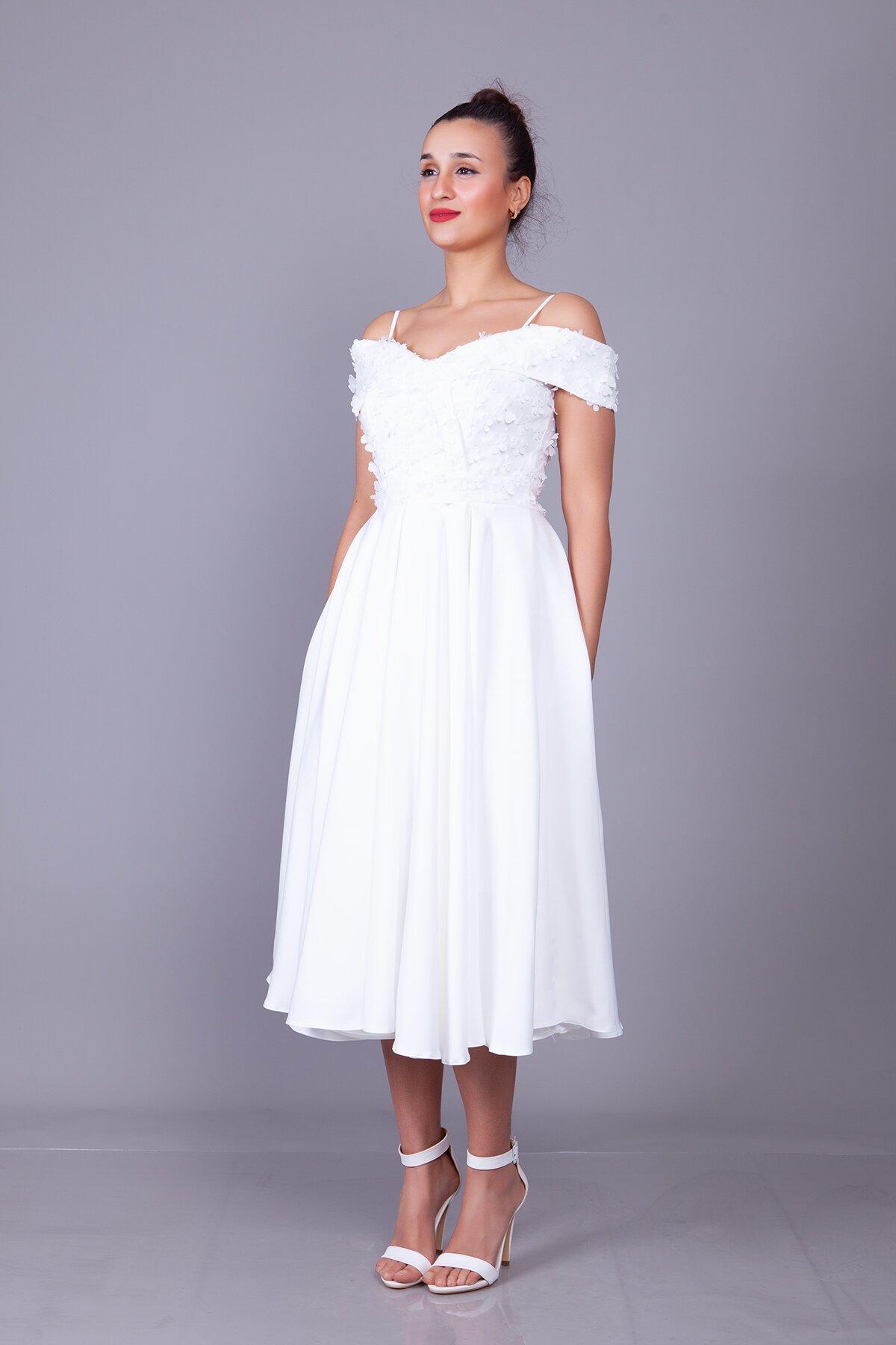 Midi Flared Strappy Floral Tulle Detail Evening Dress - White - Bidoluelbise