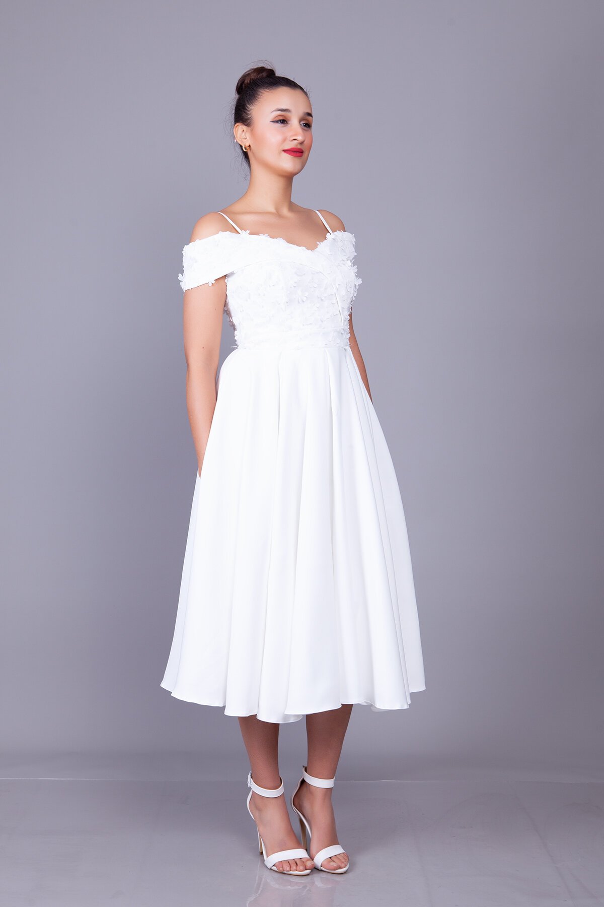 Midi Flared Strappy Floral Tulle Detail Evening Dress - White - Bidoluelbise