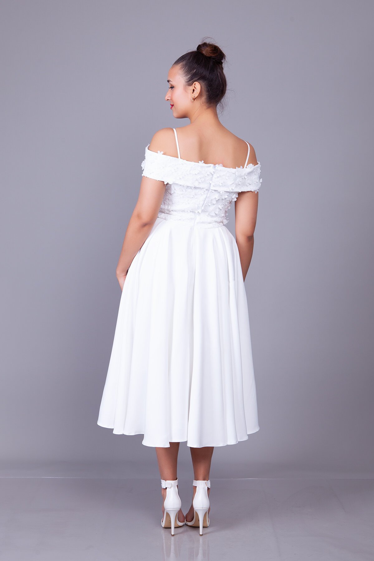 Midi Flared Strappy Floral Tulle Detail Evening Dress - White - Bidoluelbise