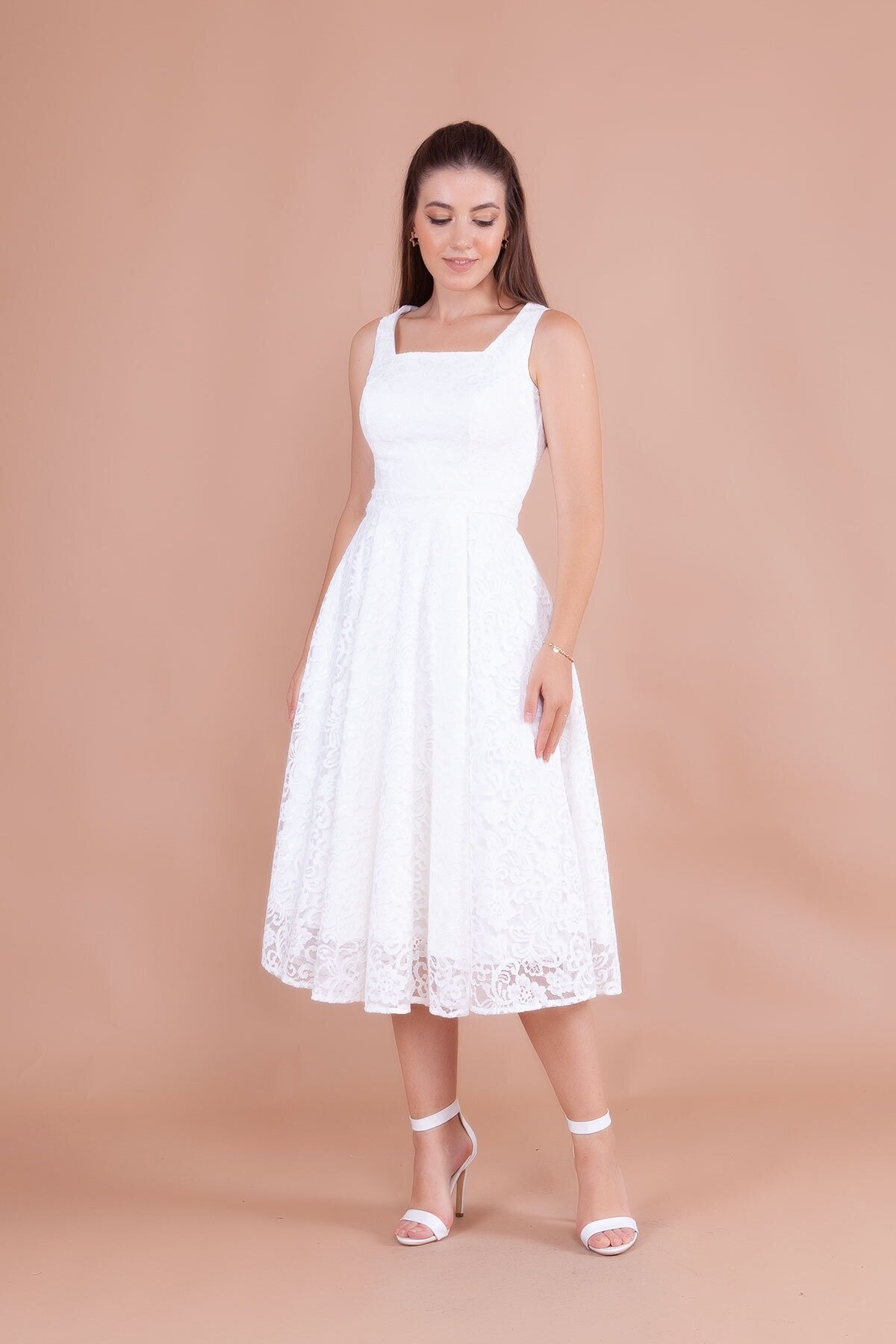 Midi French Lace Square Neck Wide Strap Evening Dress - White - Bidoluelbise
