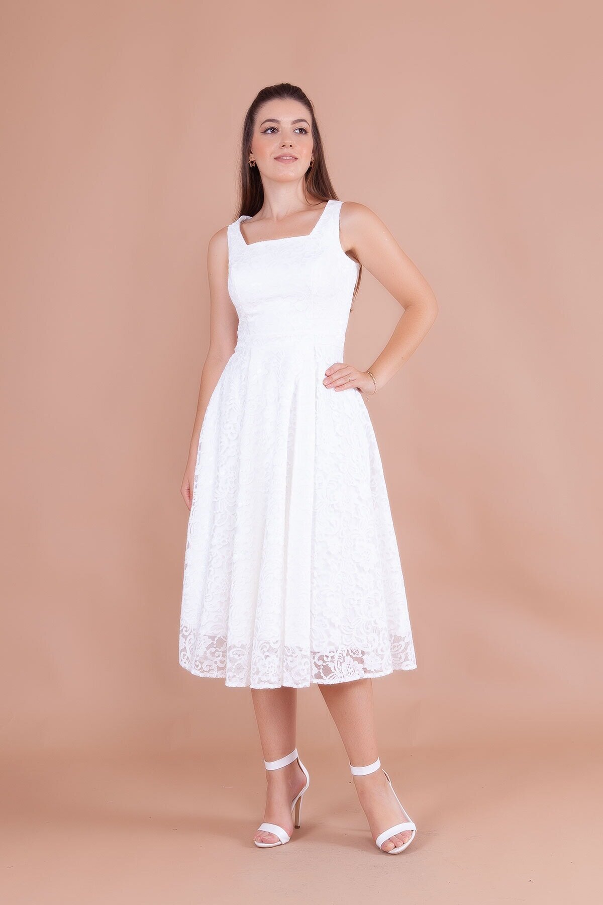 Midi French Lace Square Neck Wide Strap Evening Dress - White - Bidoluelbise