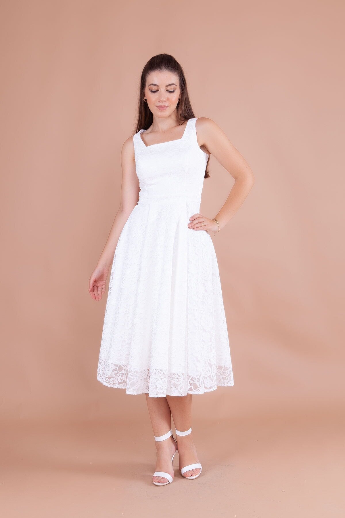 Midi French Lace Square Neck Wide Strap Evening Dress - White - Bidoluelbise