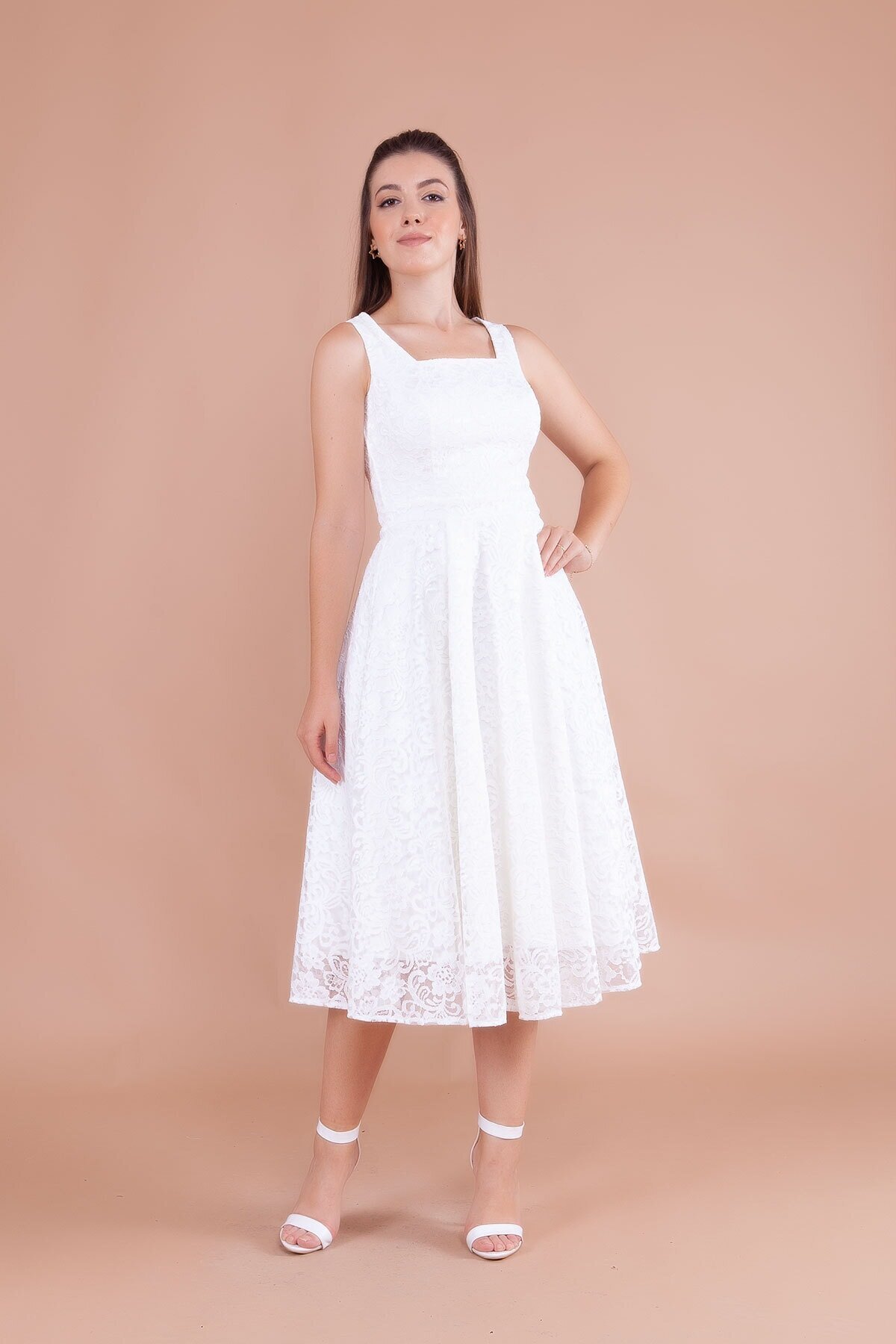 Midi French Lace Square Neck Wide Strap Evening Dress - White - Bidoluelbise