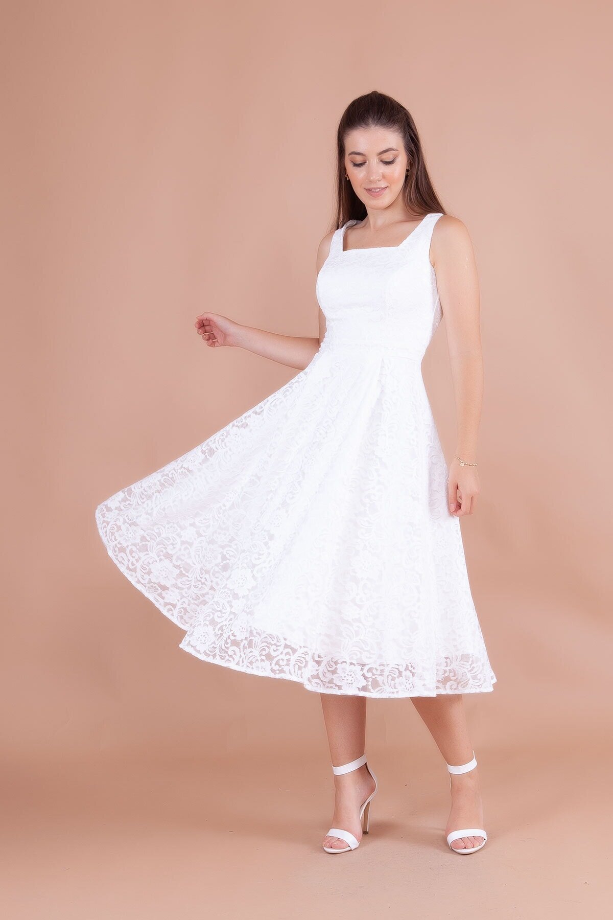 Midi French Lace Square Neck Wide Strap Evening Dress - White - Bidoluelbise
