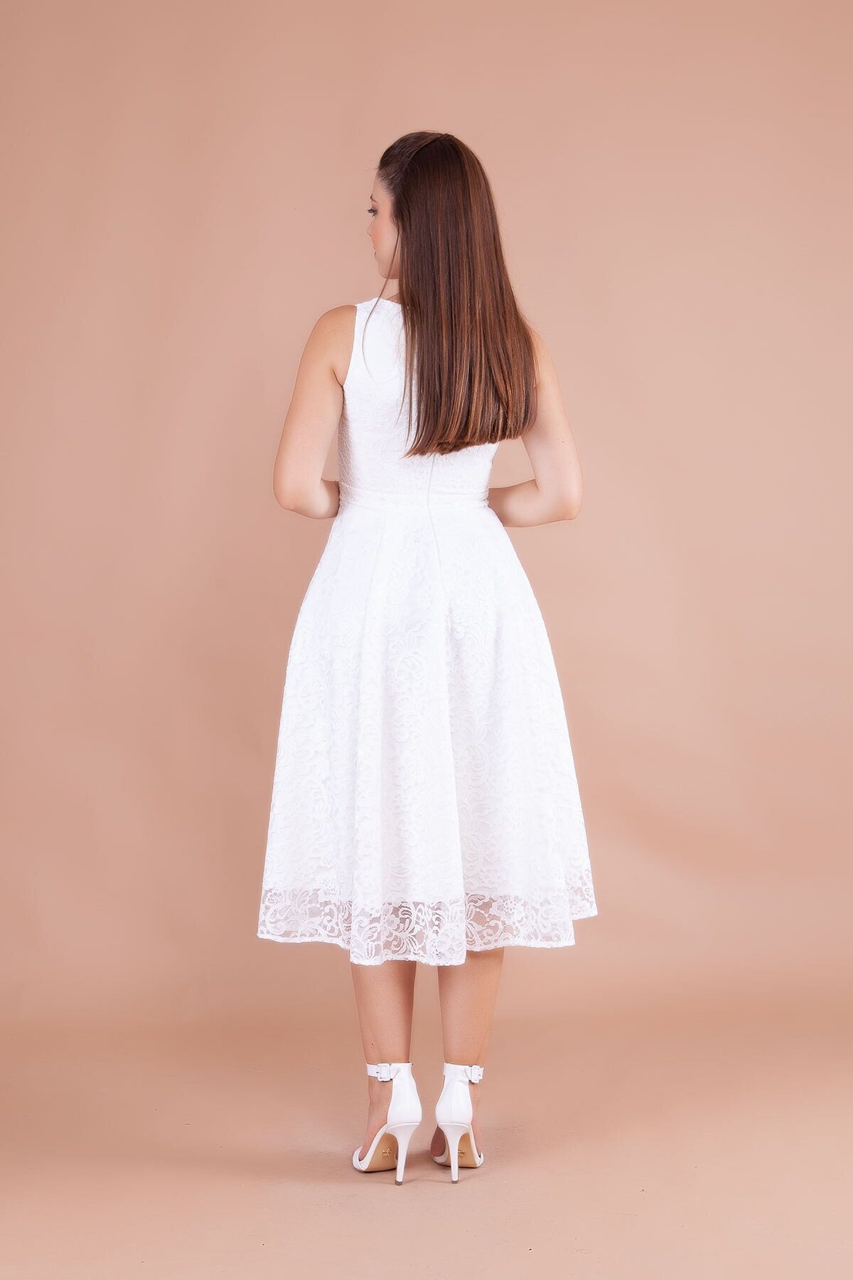 Midi French Lace Square Neck Wide Strap Evening Dress - White - Bidoluelbise