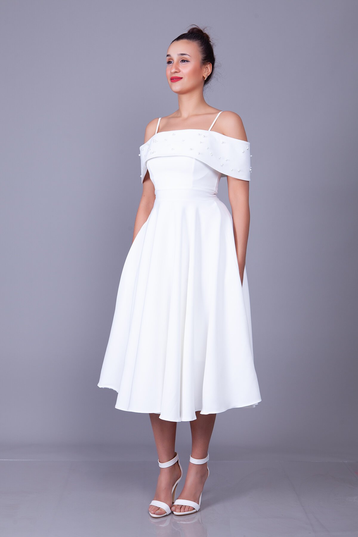 Midi Strappy Boat Neck Pearl-Detail Evening Dress - White - Bidoluelbise