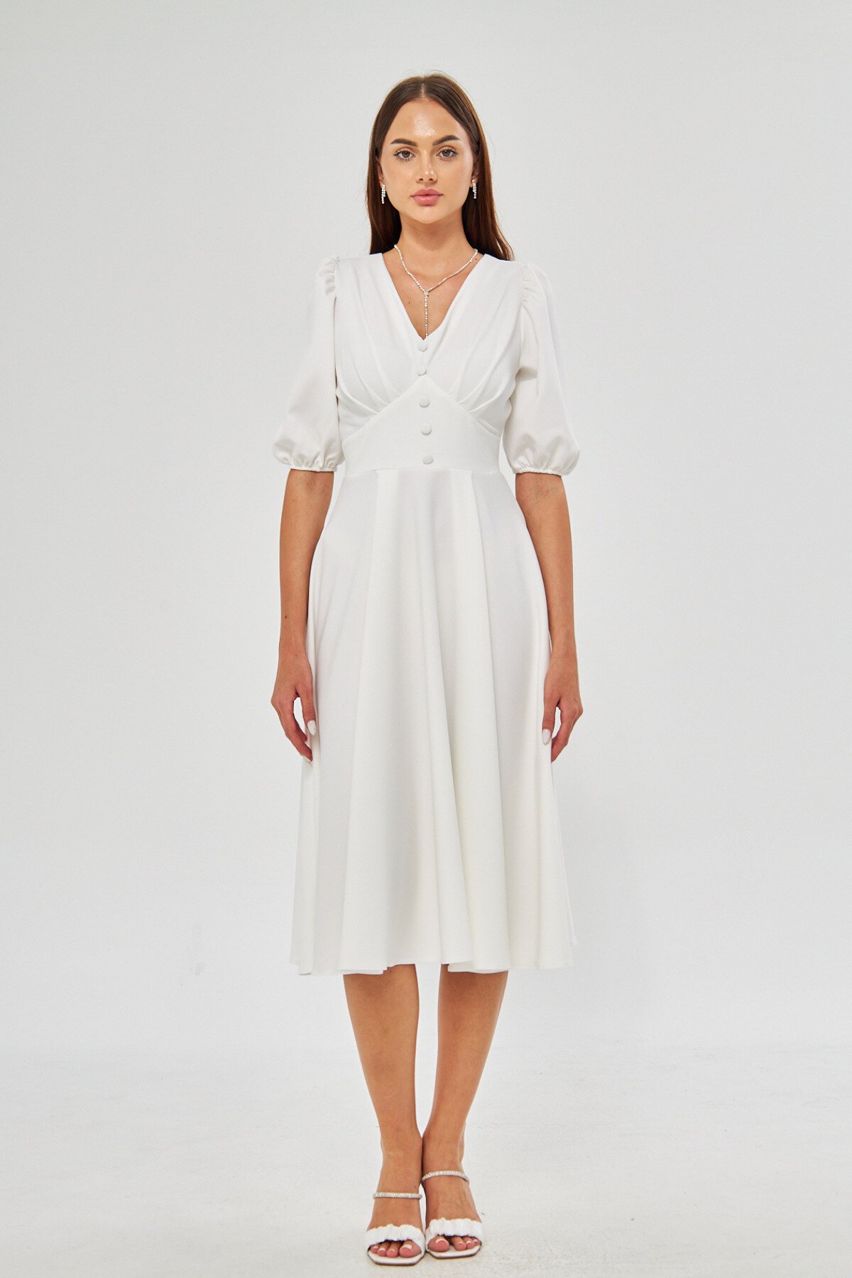 Midi Flowy V-Neck Balloon Sleeve Woven Pleated Bust Decorative Button Corsage Belt Evening Dress - White - Bidoluelbise