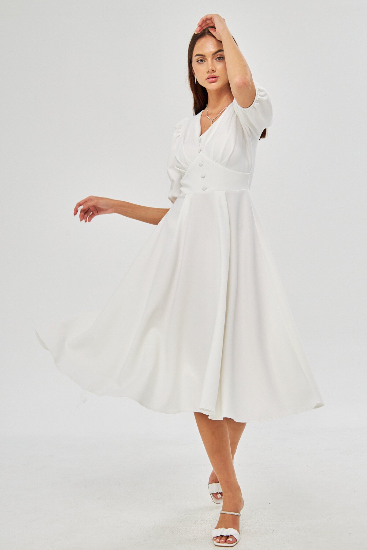 Midi Flowy V-Neck Balloon Sleeve Woven Pleated Bust Decorative Button Corsage Belt Evening Dress - White - Bidoluelbise