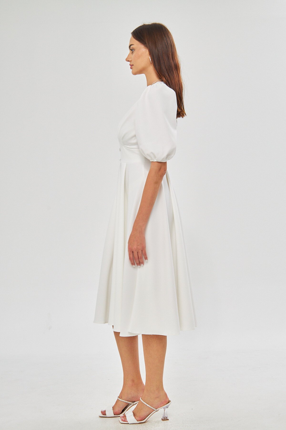 Midi Flowy V-Neck Balloon Sleeve Woven Pleated Bust Decorative Button Corsage Belt Evening Dress - White - Bidoluelbise