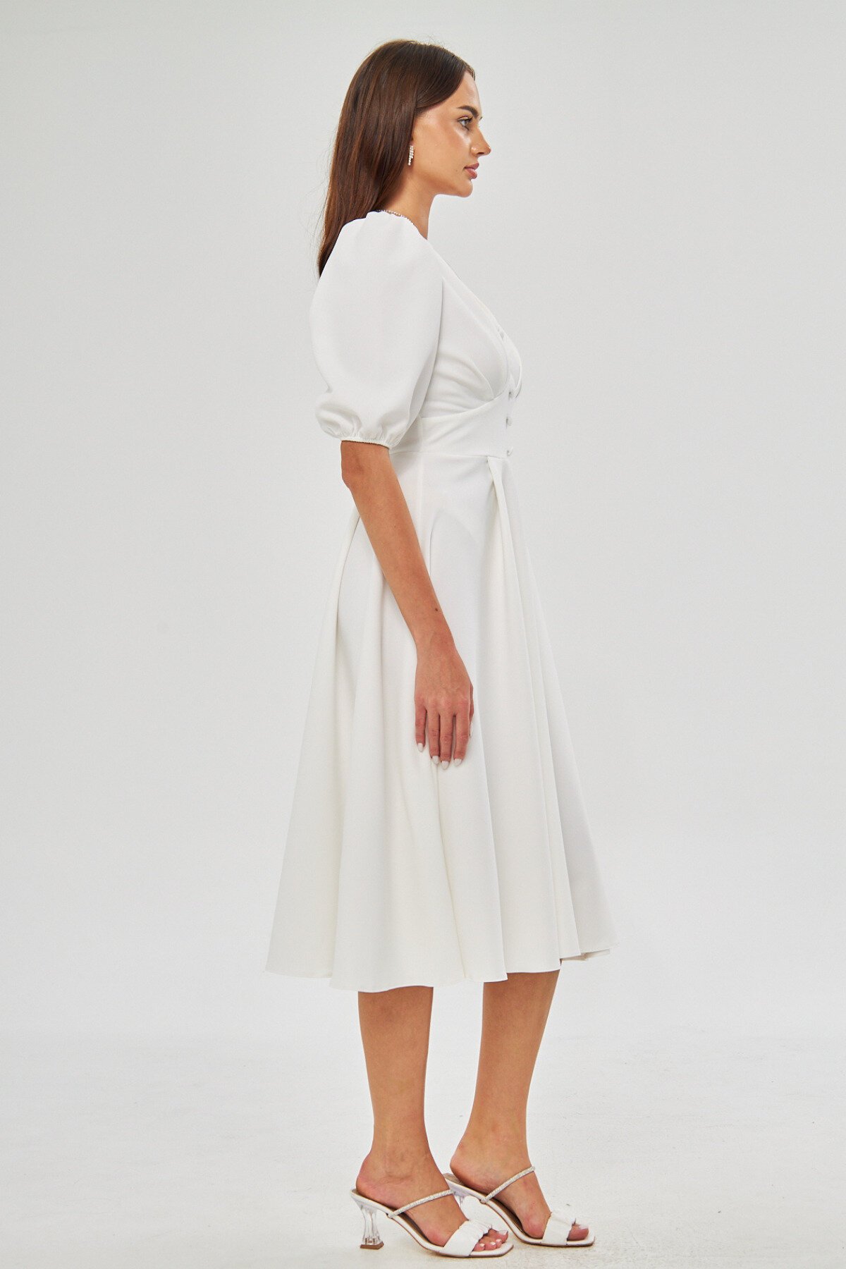Midi Flowy V-Neck Balloon Sleeve Woven Pleated Bust Decorative Button Corsage Belt Evening Dress - White - Bidoluelbise
