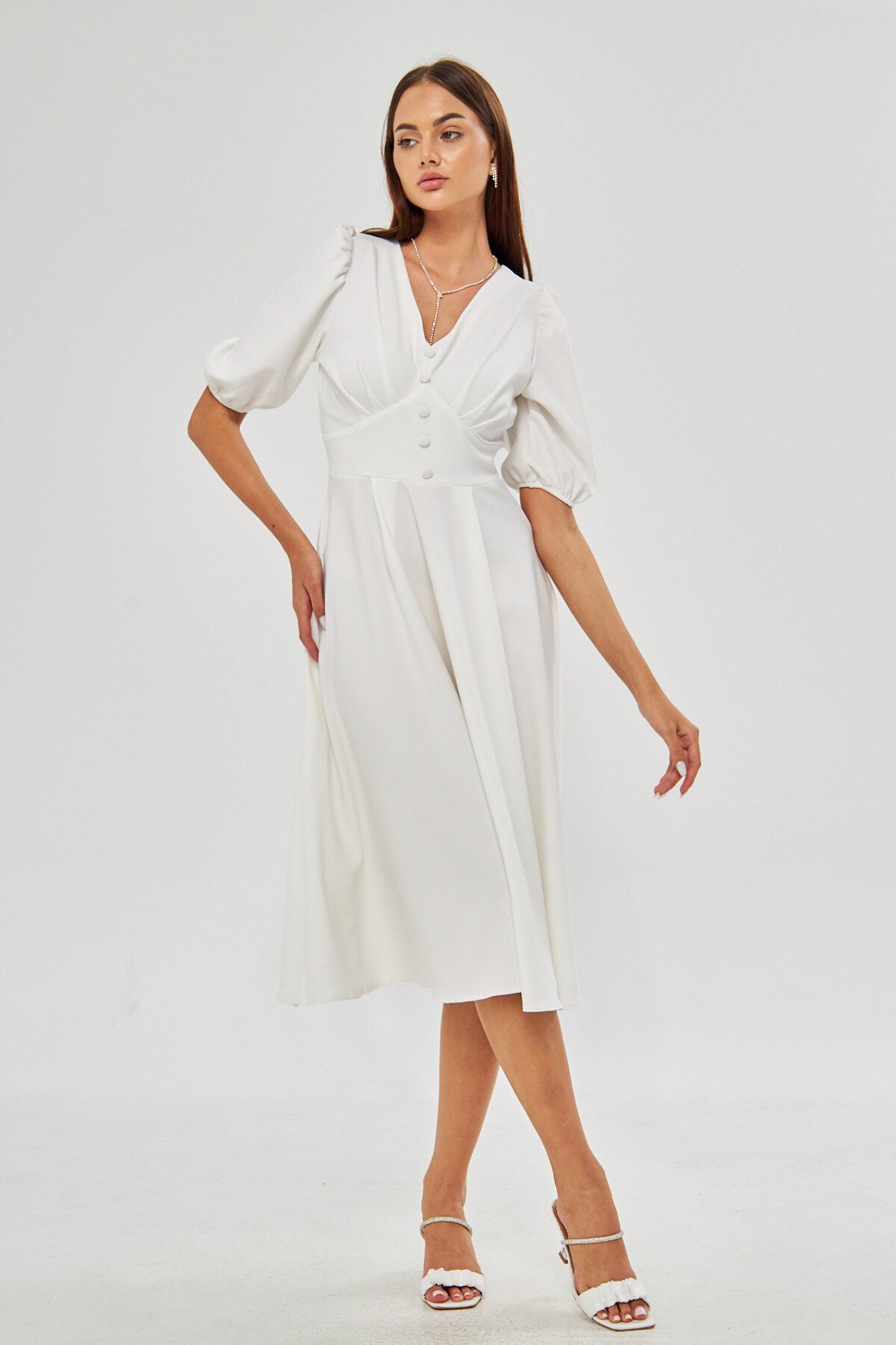 Midi Flowy V-Neck Balloon Sleeve Woven Pleated Bust Decorative Button Corsage Belt Evening Dress - White - Bidoluelbise
