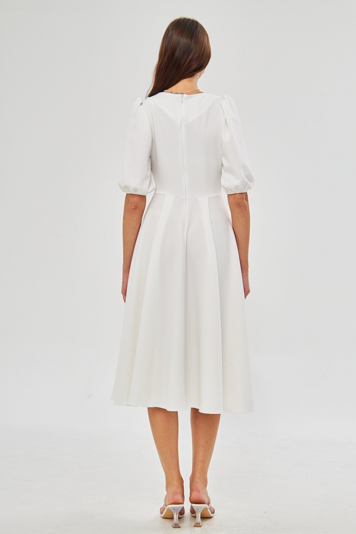 Midi Flowy V-Neck Balloon Sleeve Woven Pleated Bust Decorative Button Corsage Belt Evening Dress - White - Bidoluelbise