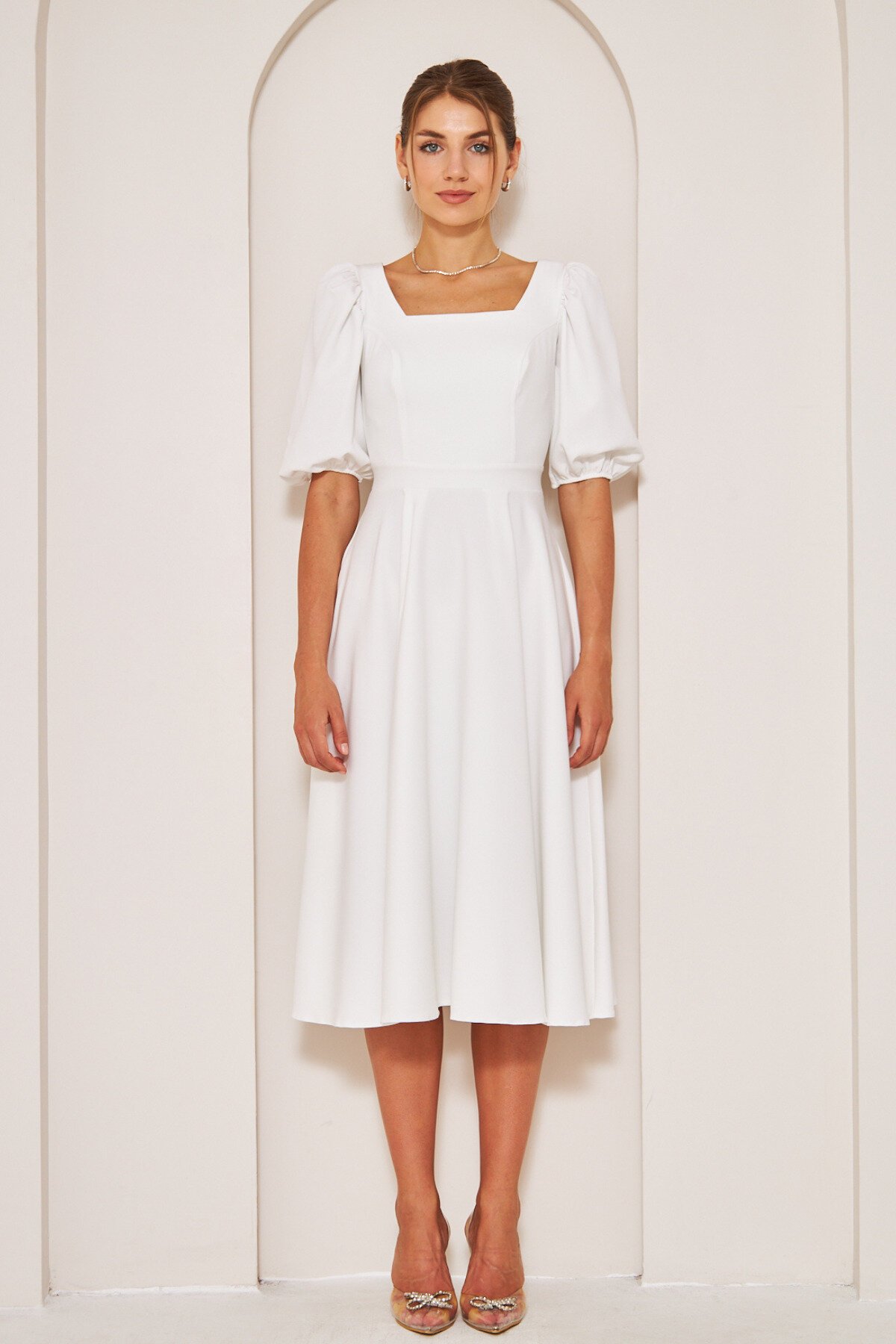 Midi Square-Neck Short Balloon-Sleeve Dress - White - Bidoluelbise
