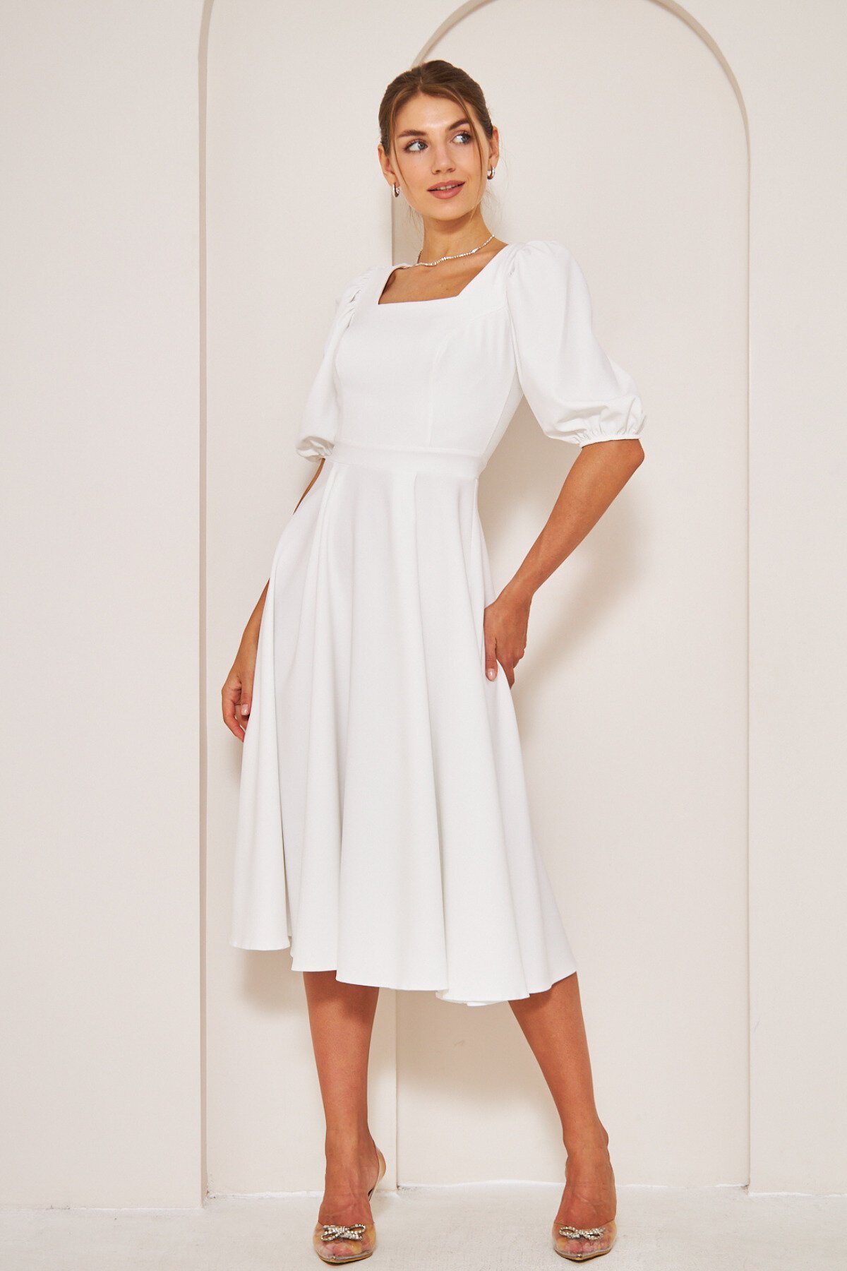 Midi Square-Neck Short Balloon-Sleeve Dress - White - Bidoluelbise