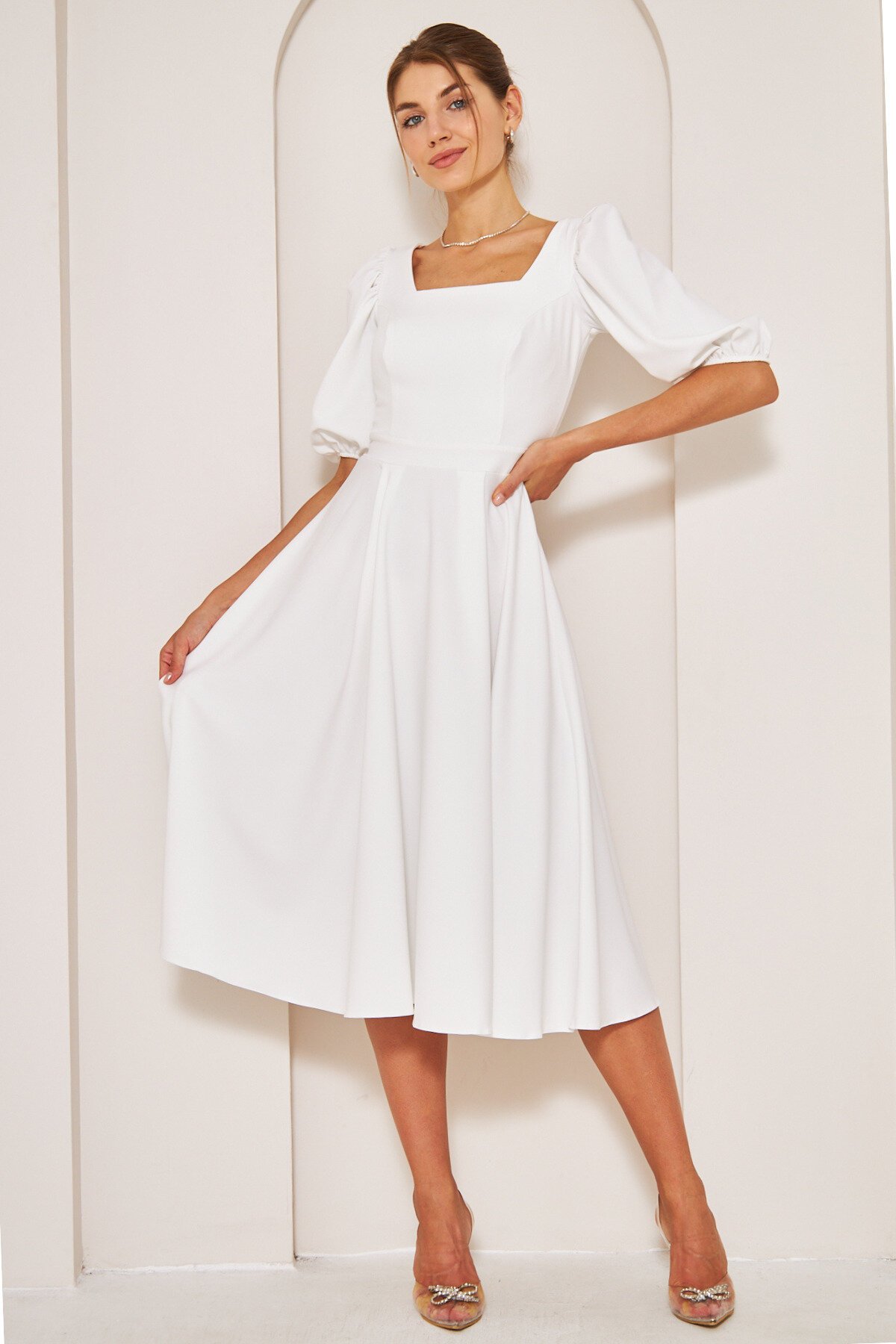 Midi Square-Neck Short Balloon-Sleeve Dress - White - Bidoluelbise
