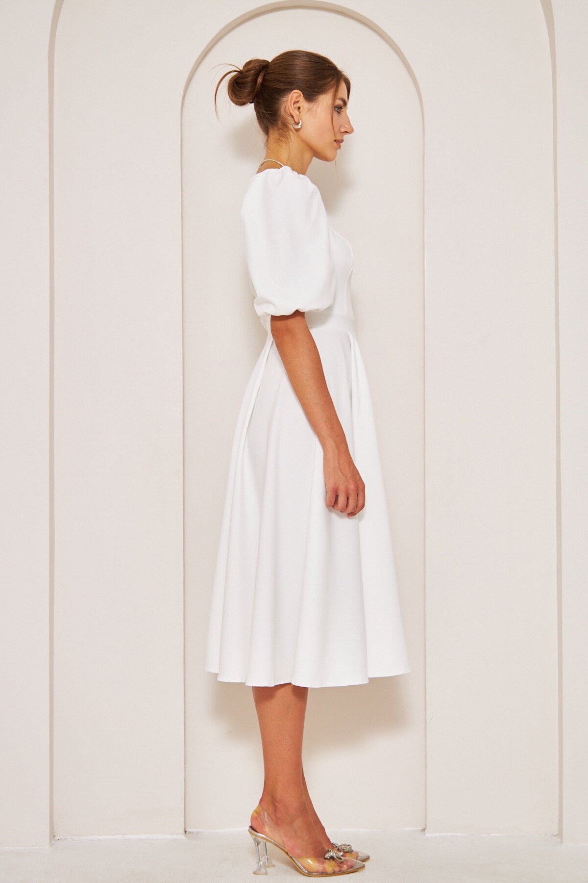 Midi Square-Neck Short Balloon-Sleeve Dress - White - Bidoluelbise