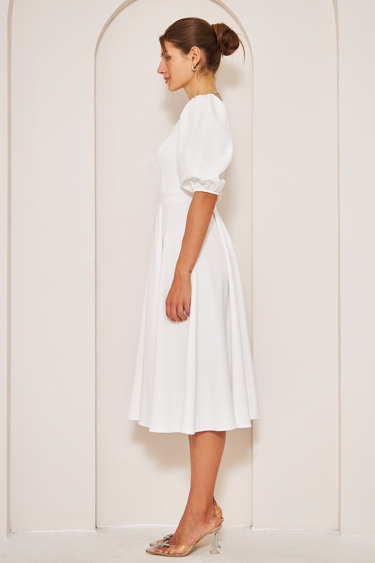 Midi Square-Neck Short Balloon-Sleeve Dress - White - Bidoluelbise