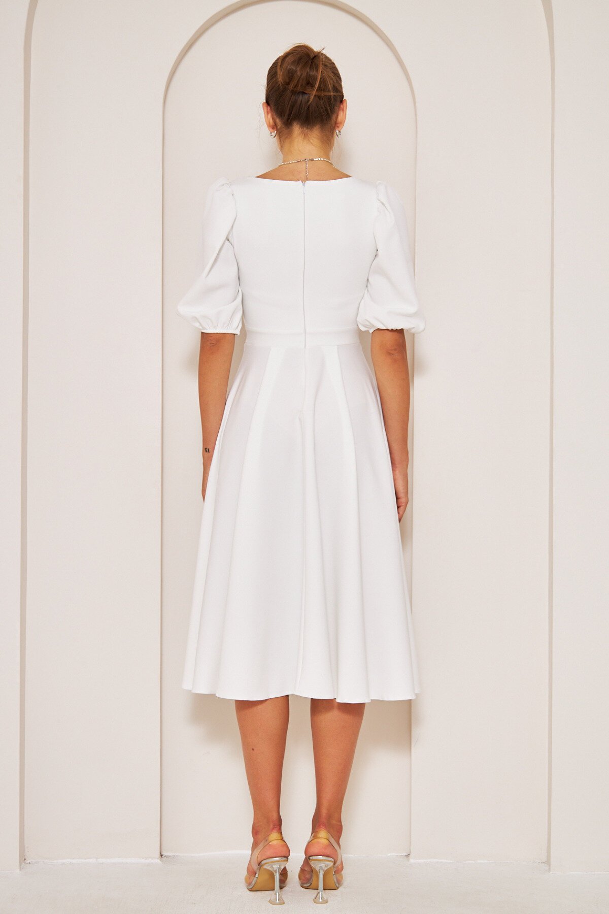 Midi Square-Neck Short Balloon-Sleeve Dress - White - Bidoluelbise