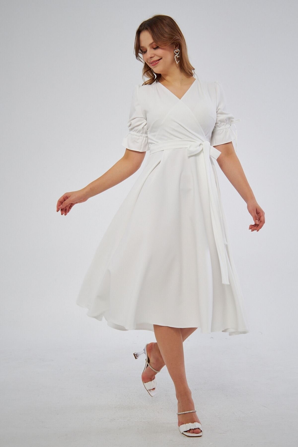 Midi Short Sleeve Gathered-Cuff Belted Wrap Dress - White - Bidoluelbise