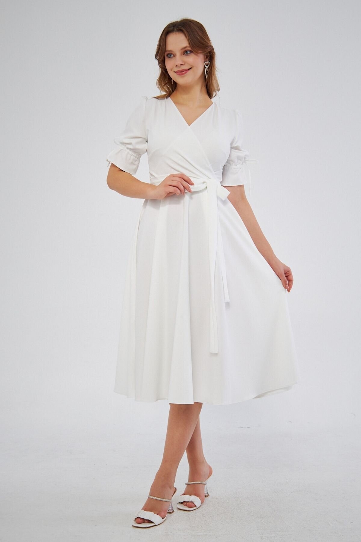 Midi Short Sleeve Gathered-Cuff Belted Wrap Dress - White - Bidoluelbise