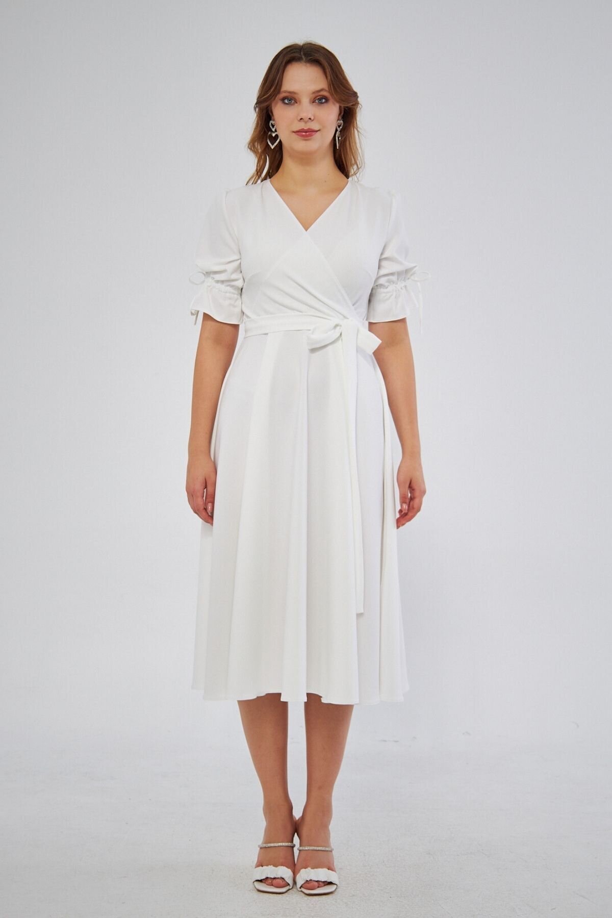 Midi Short Sleeve Gathered-Cuff Belted Wrap Dress - White - Bidoluelbise