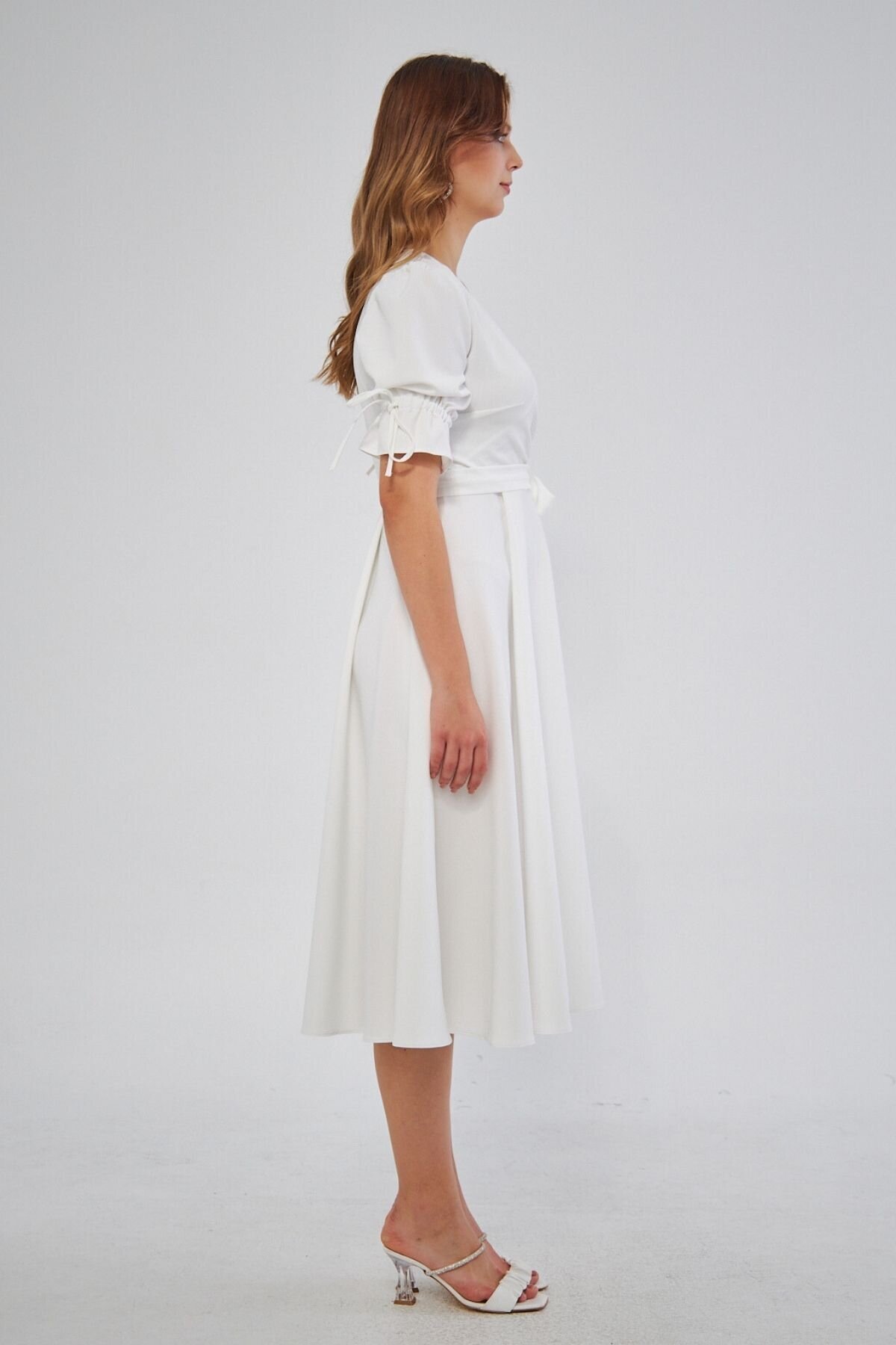 Midi Short Sleeve Gathered-Cuff Belted Wrap Dress - White - Bidoluelbise