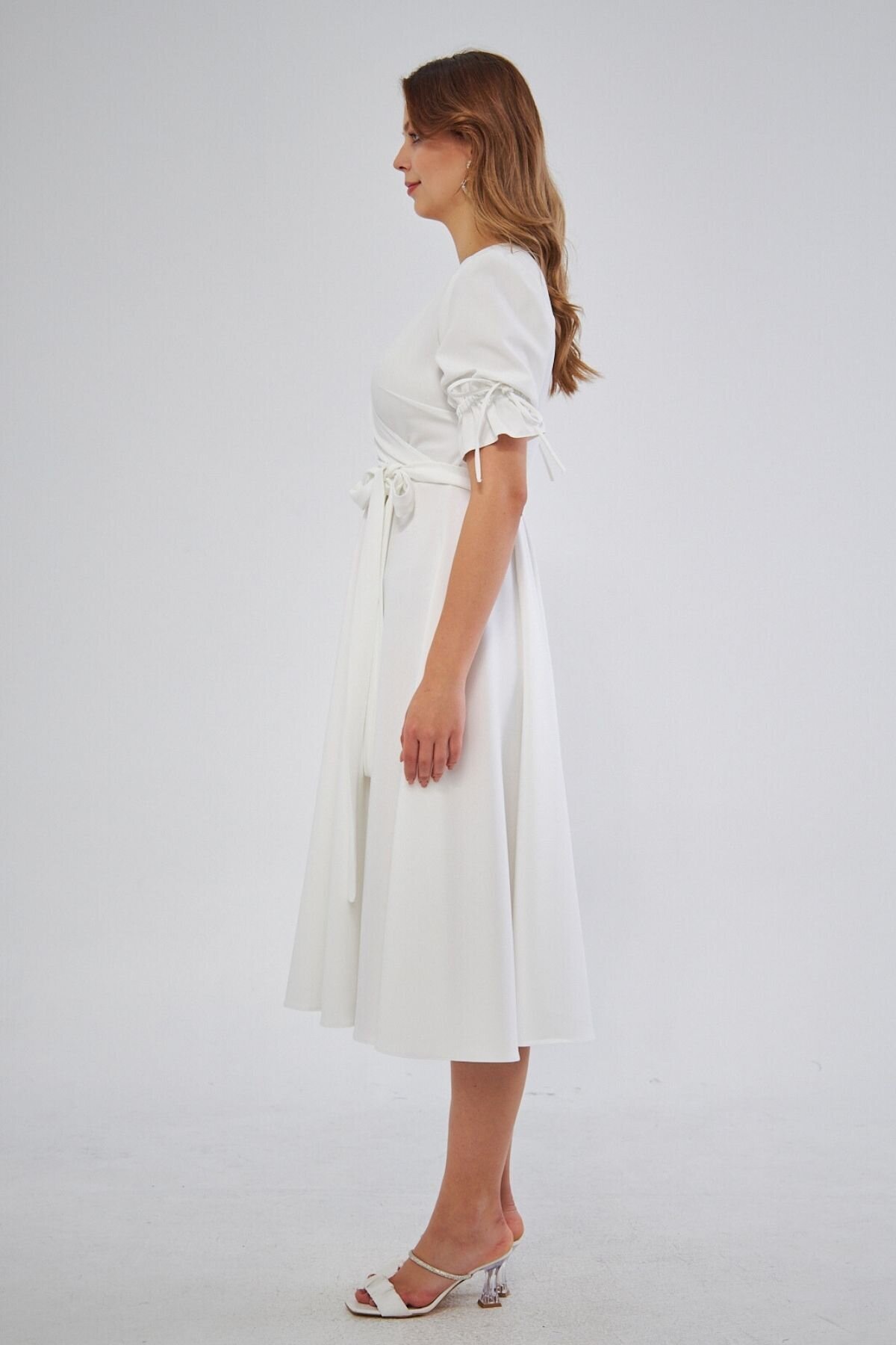 Midi Short Sleeve Gathered-Cuff Belted Wrap Dress - White - Bidoluelbise