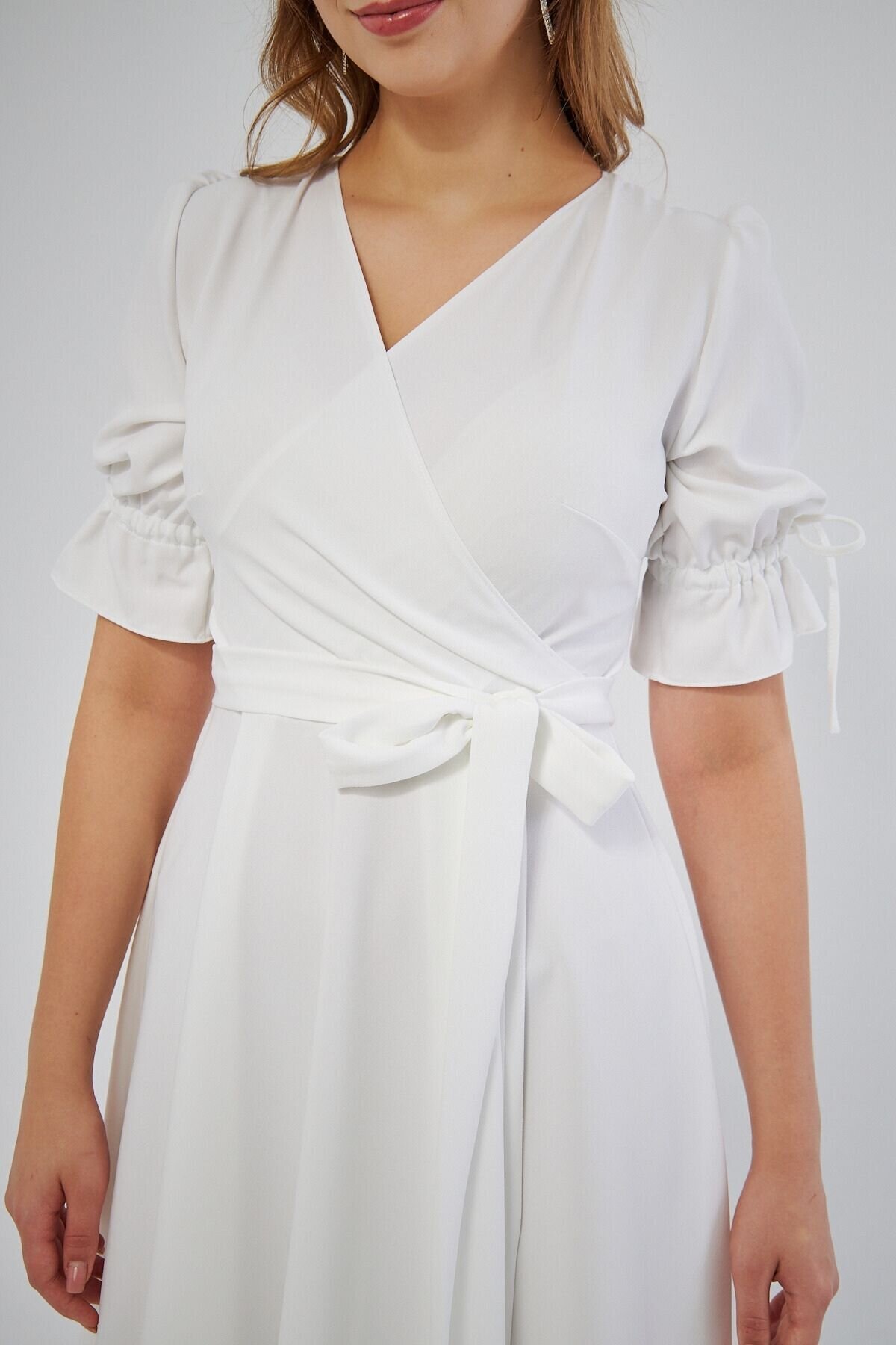 Midi Short Sleeve Gathered-Cuff Belted Wrap Dress - White - Bidoluelbise