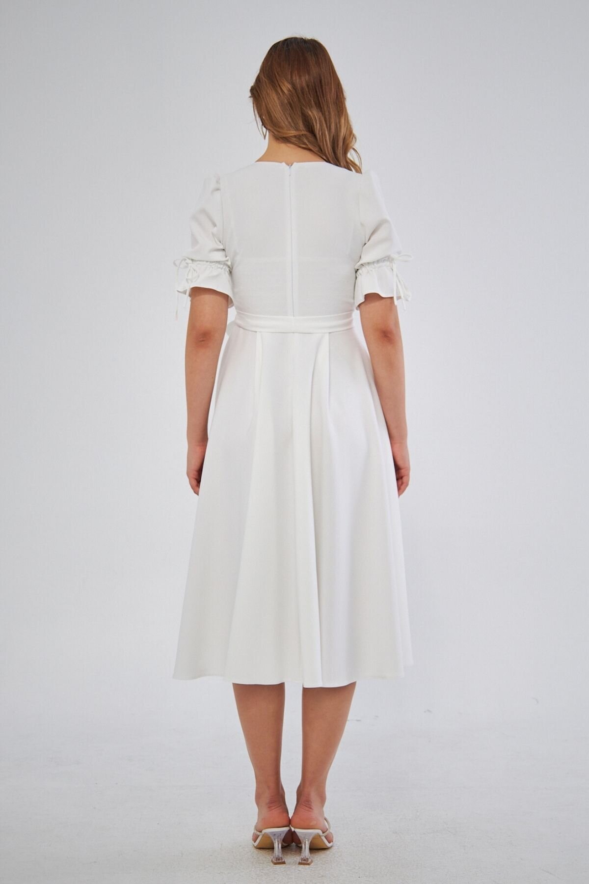 Midi Short Sleeve Gathered-Cuff Belted Wrap Dress - White - Bidoluelbise