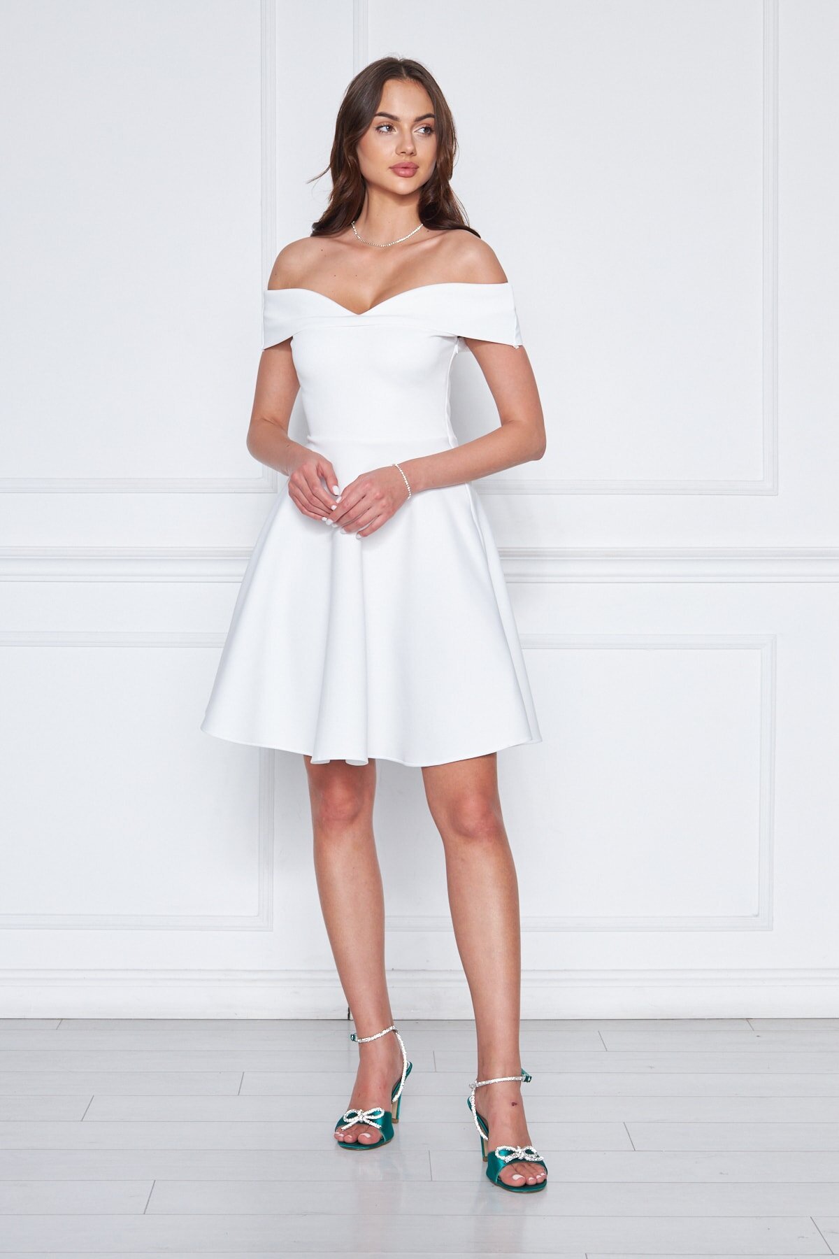 Mini Flared Scuba Sweetheart Neck Off-Shoulder Evening Dress - White - Bidoluelbise