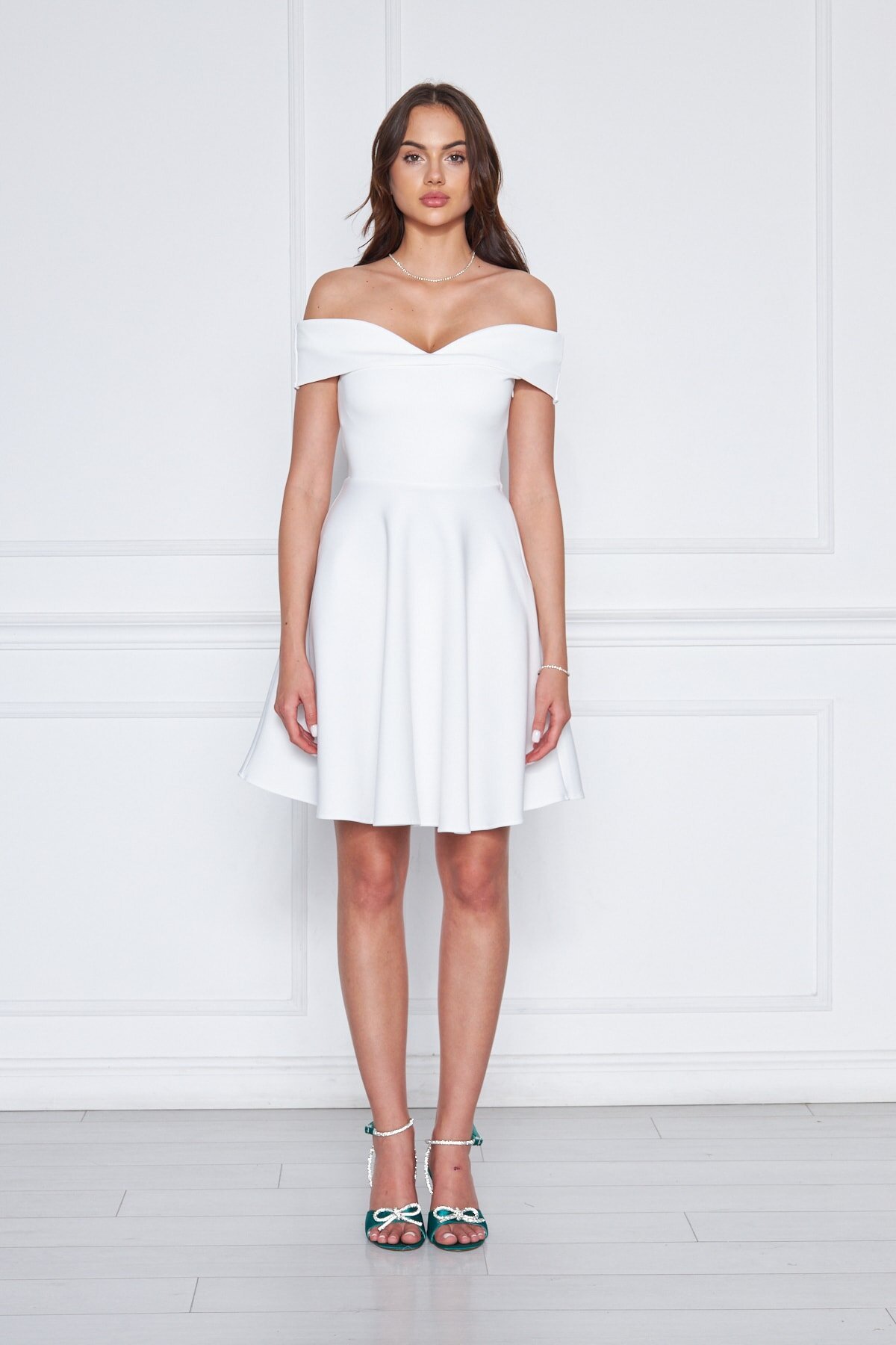 Mini Flared Scuba Sweetheart Neck Off-Shoulder Evening Dress - White - Bidoluelbise