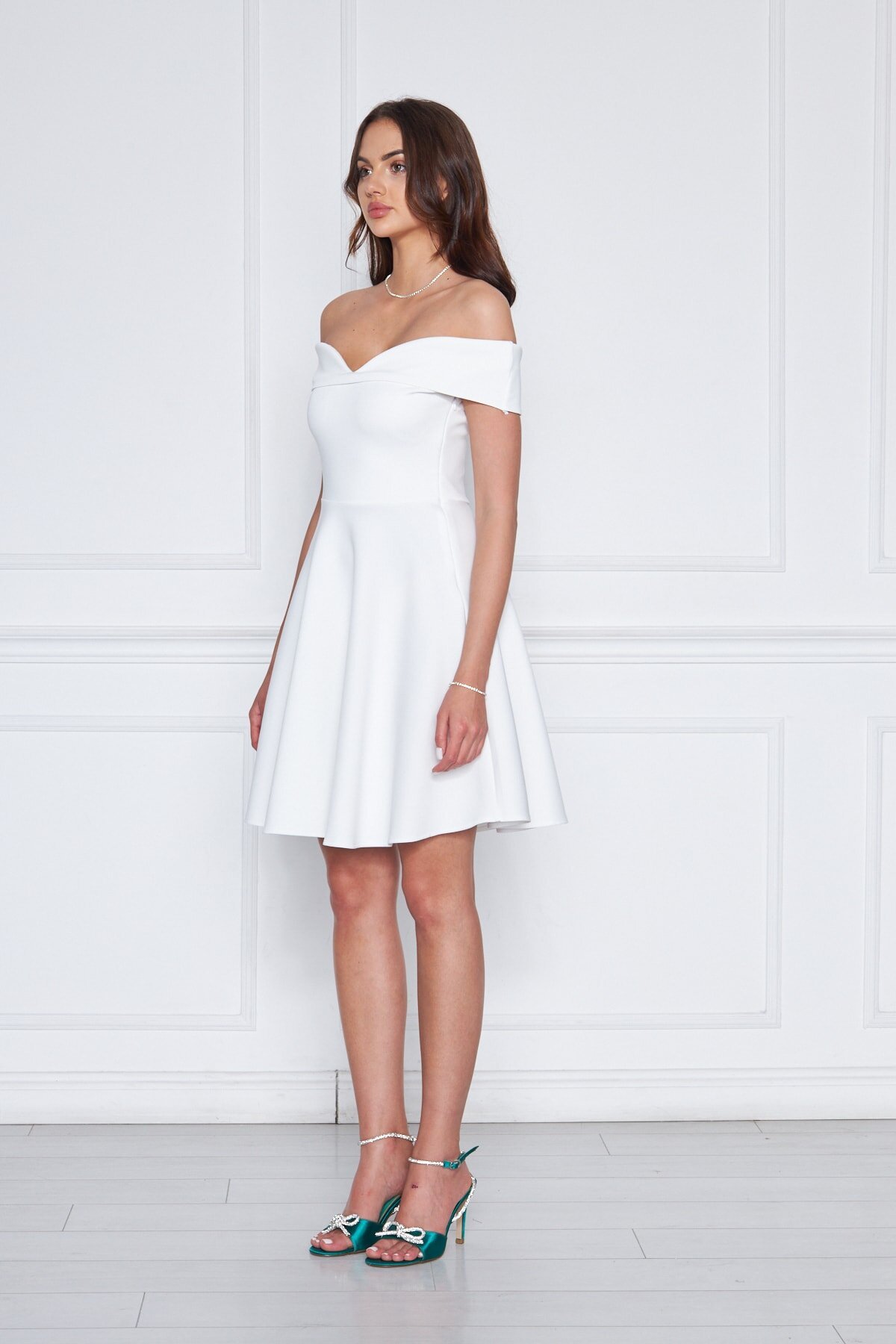 Mini Flared Scuba Sweetheart Neck Off-Shoulder Evening Dress - White - Bidoluelbise